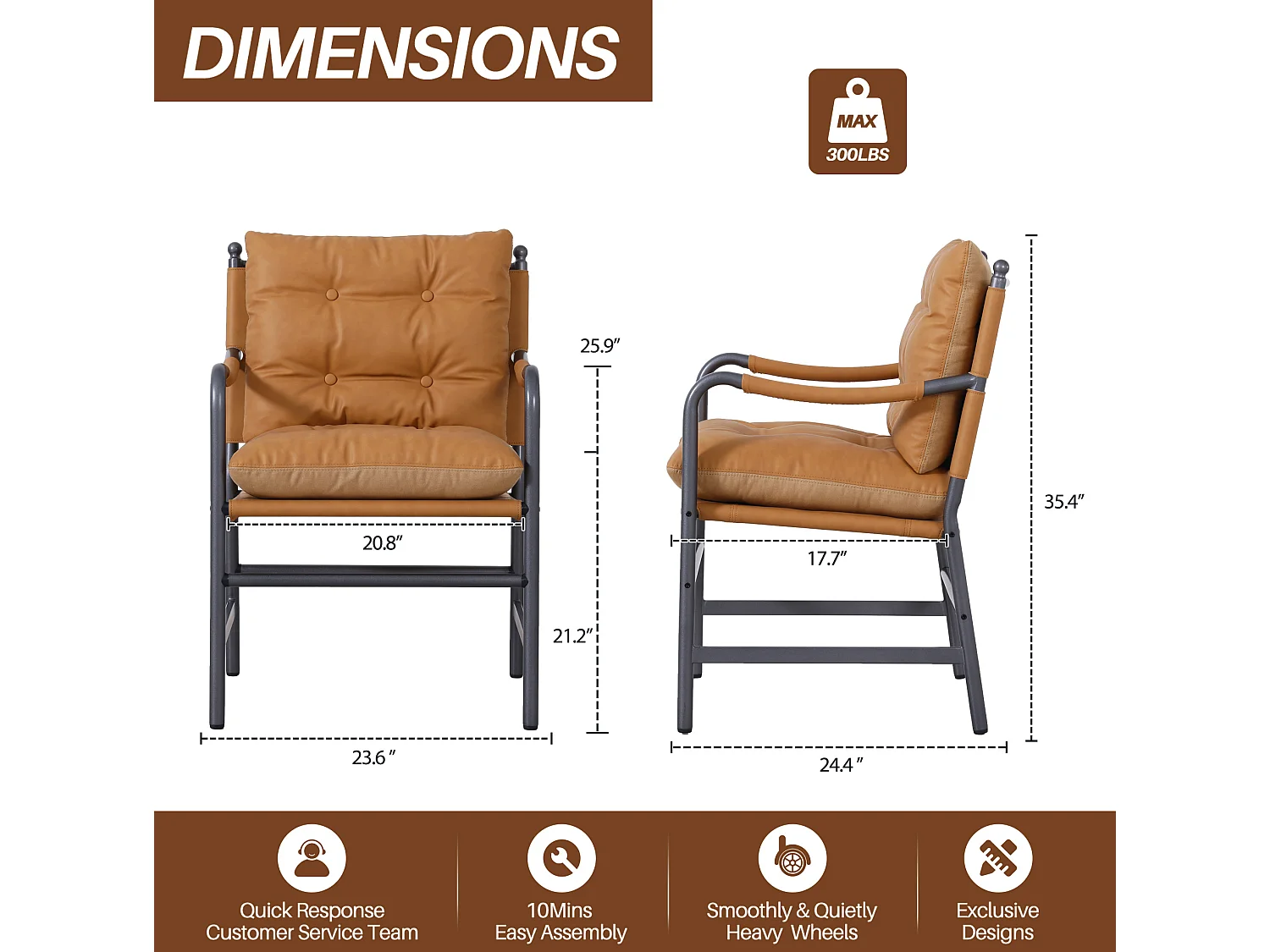 Sillón moderno de poliuretano marrón con estructura metálica