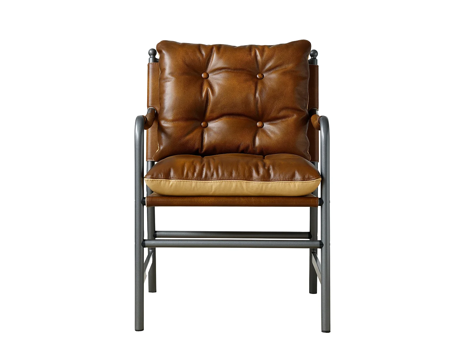 Sillón moderno de cuero marrón con estructura metálica