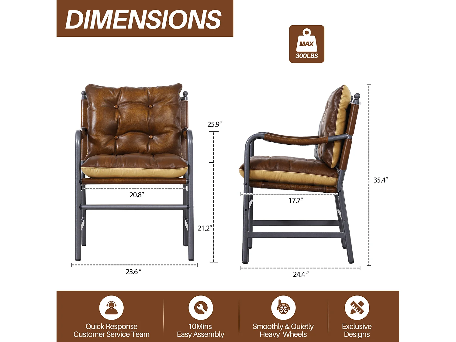 Sillón moderno de cuero marrón con estructura metálica
