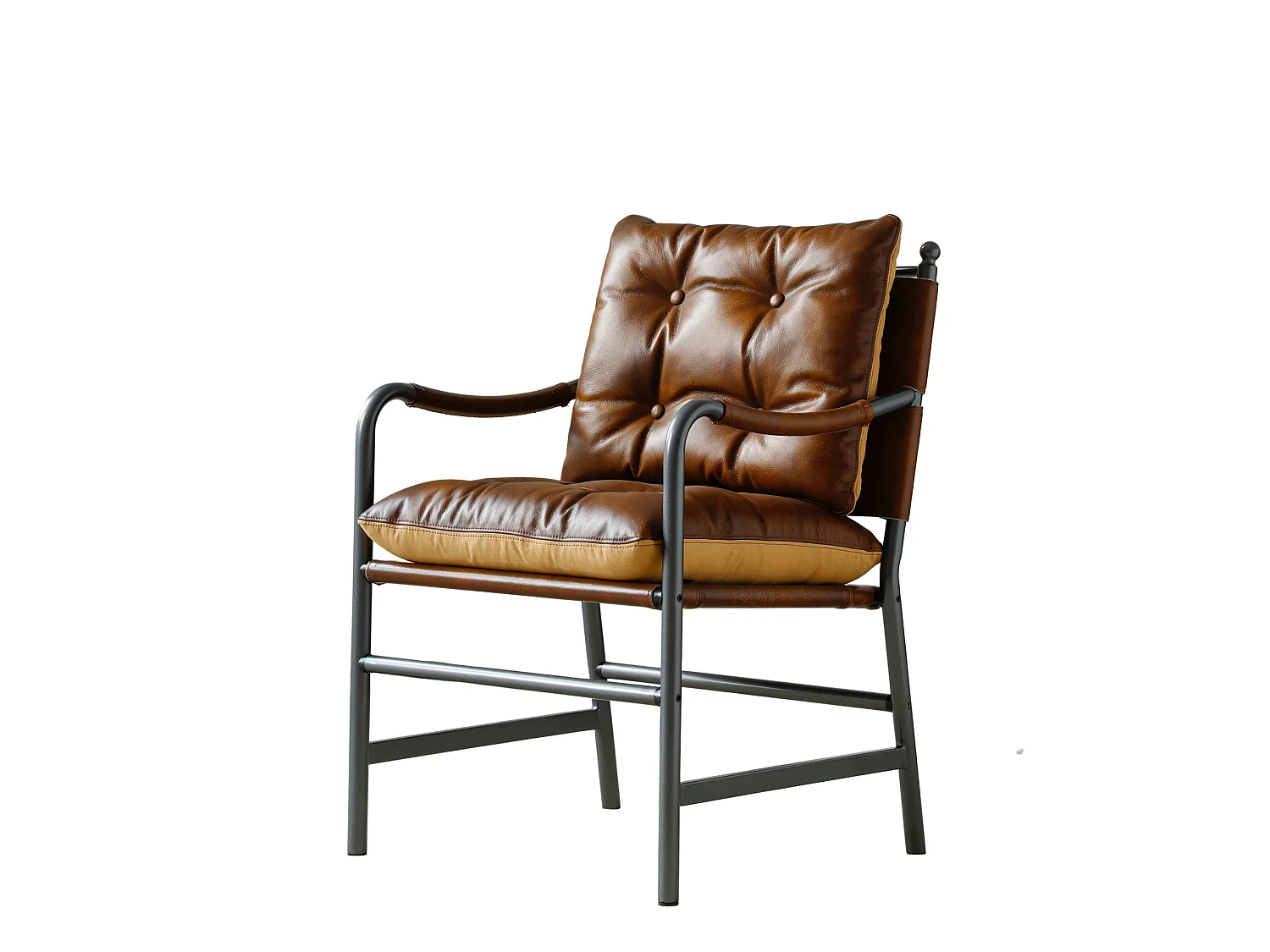 Sillón moderno de cuero marrón con estructura metálica