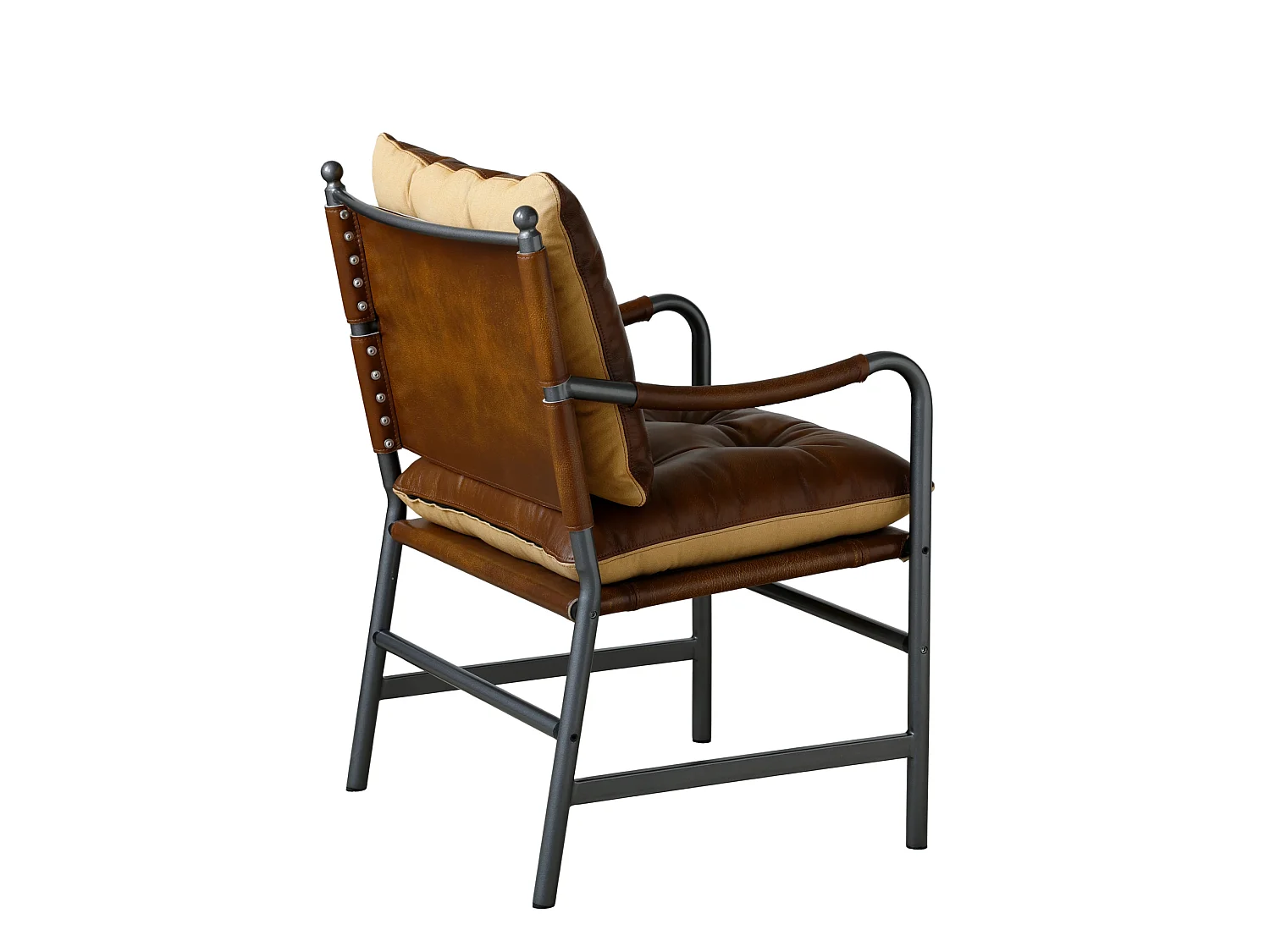 Sillón moderno de cuero marrón con estructura metálica