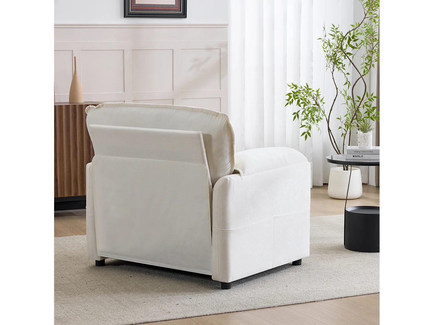 Fauteuil relax blanc en velours, avec poche de rangement, design rétro, salon/chambre