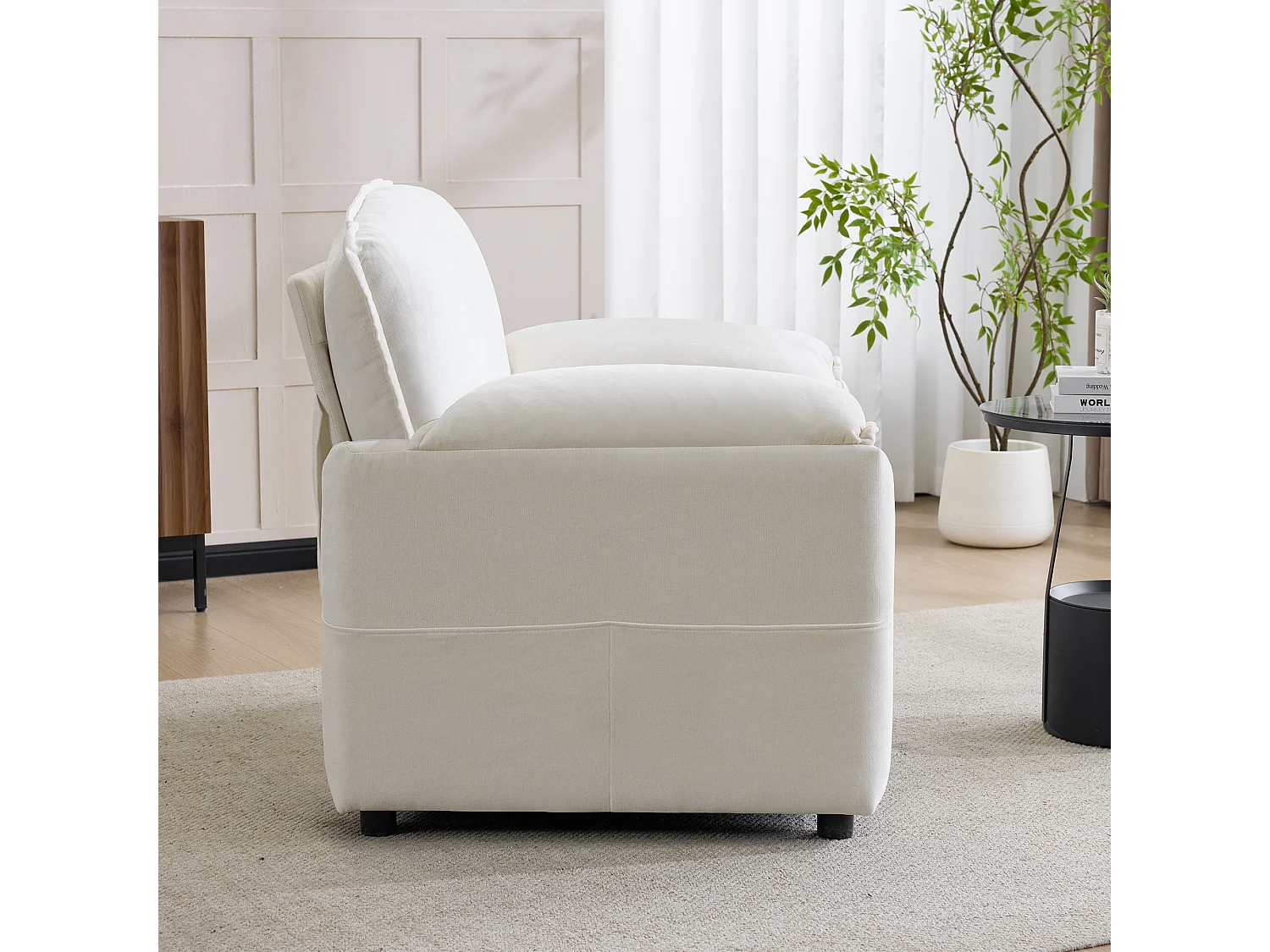 Fauteuil relax blanc en velours, avec poche de rangement, design rétro, salon/chambre