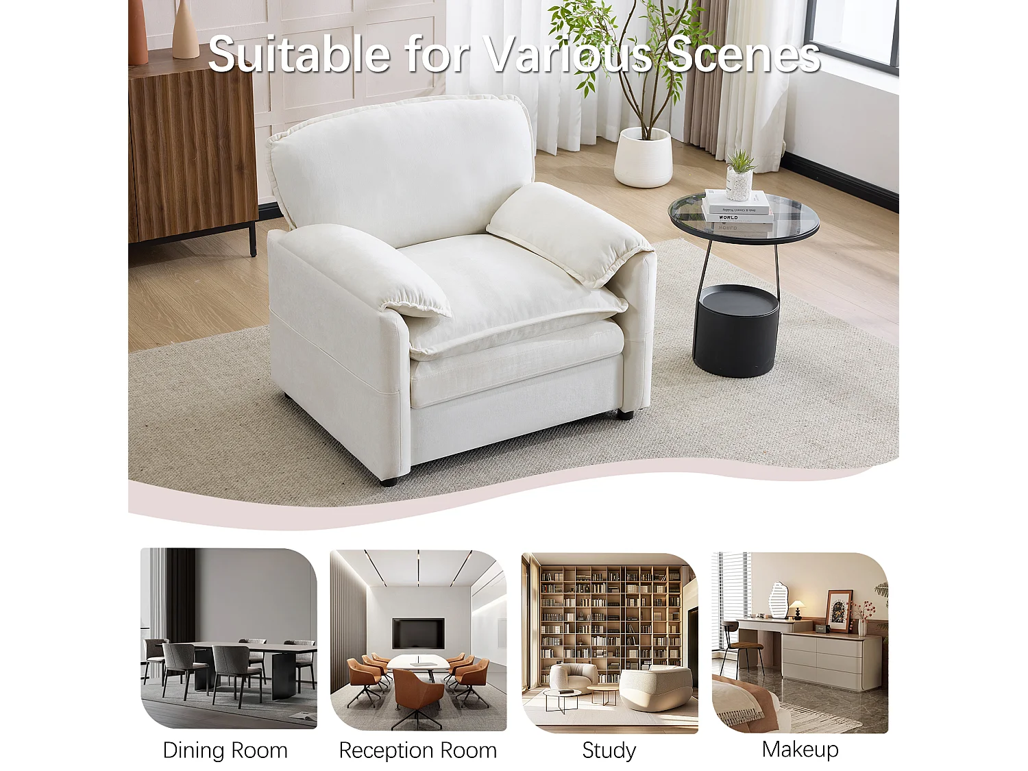 Fauteuil relax blanc en velours, avec poche de rangement, design rétro, salon/chambre