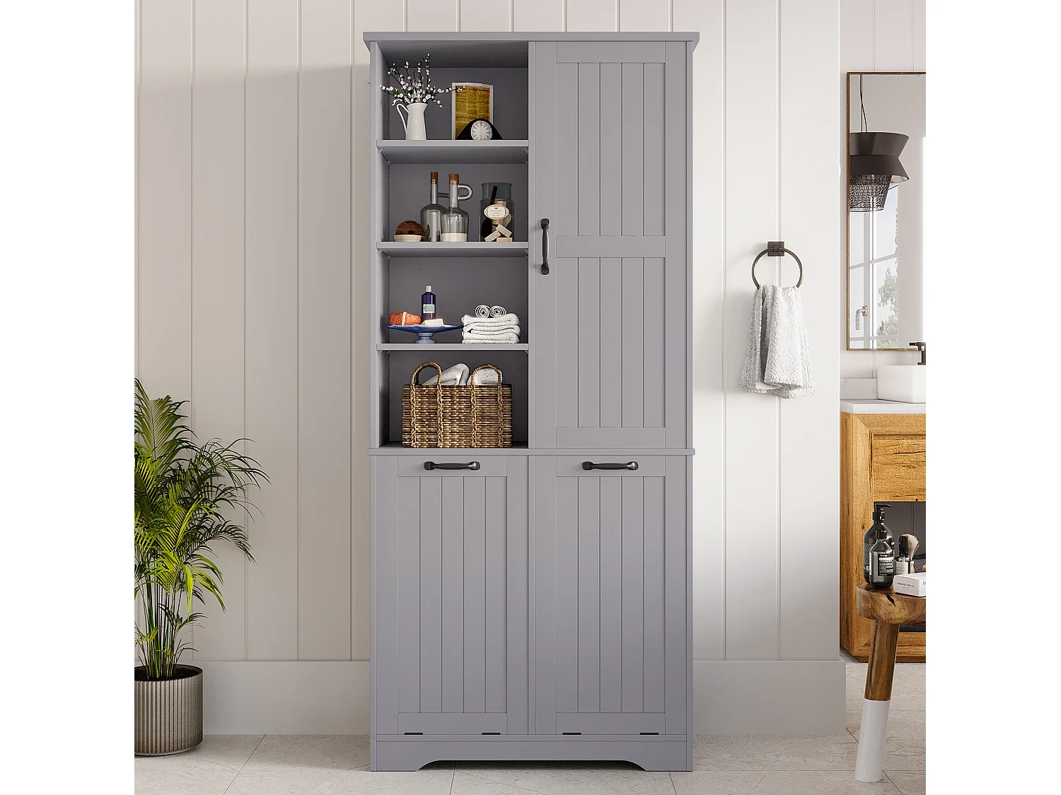 Armario alto de baño de 78x35x172,7 cm con 2 cestas para la ropa y puerta - Gris