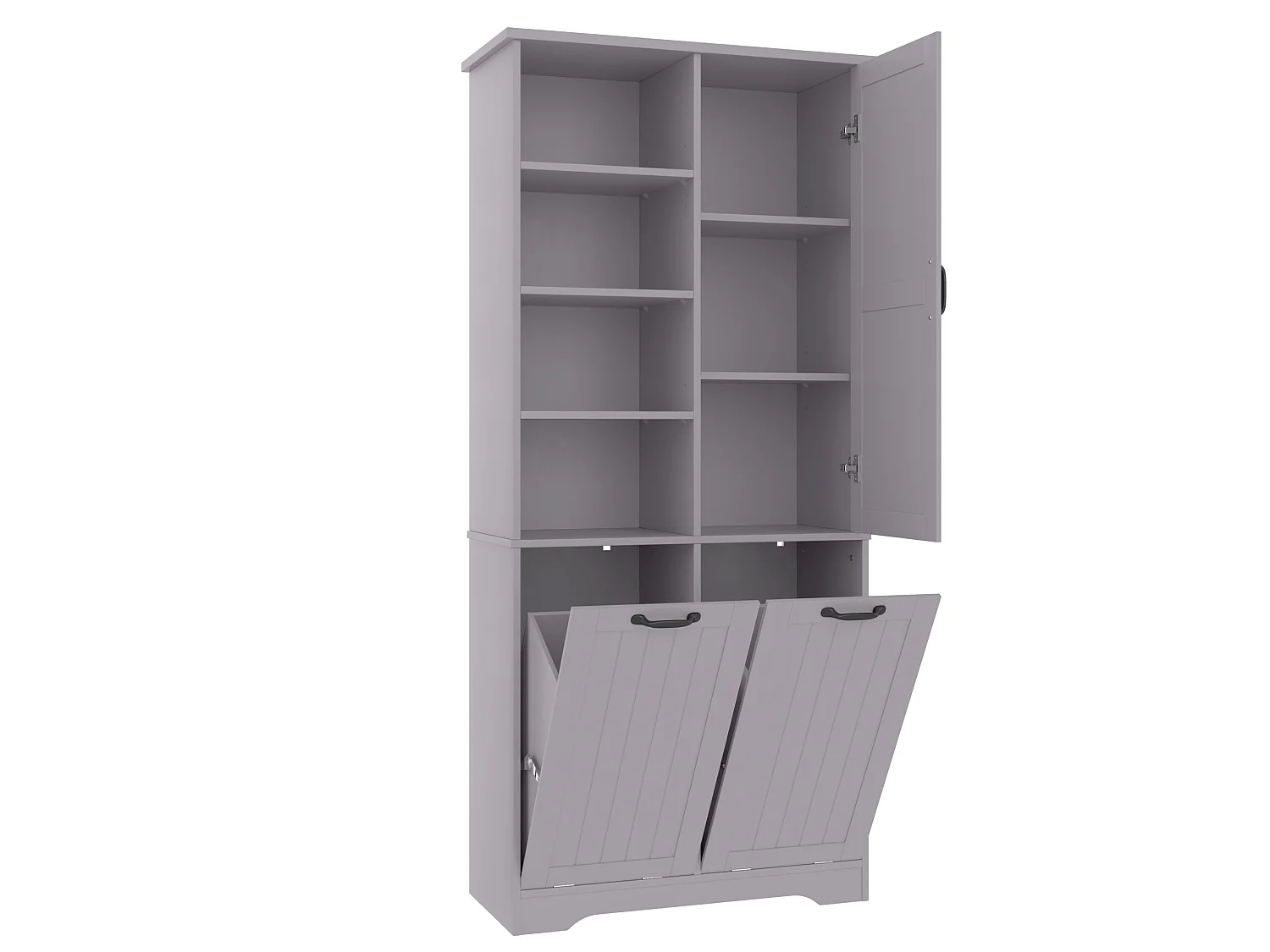Armario alto de baño de 78x35x172,7 cm con 2 cestas para la ropa y puerta - Gris