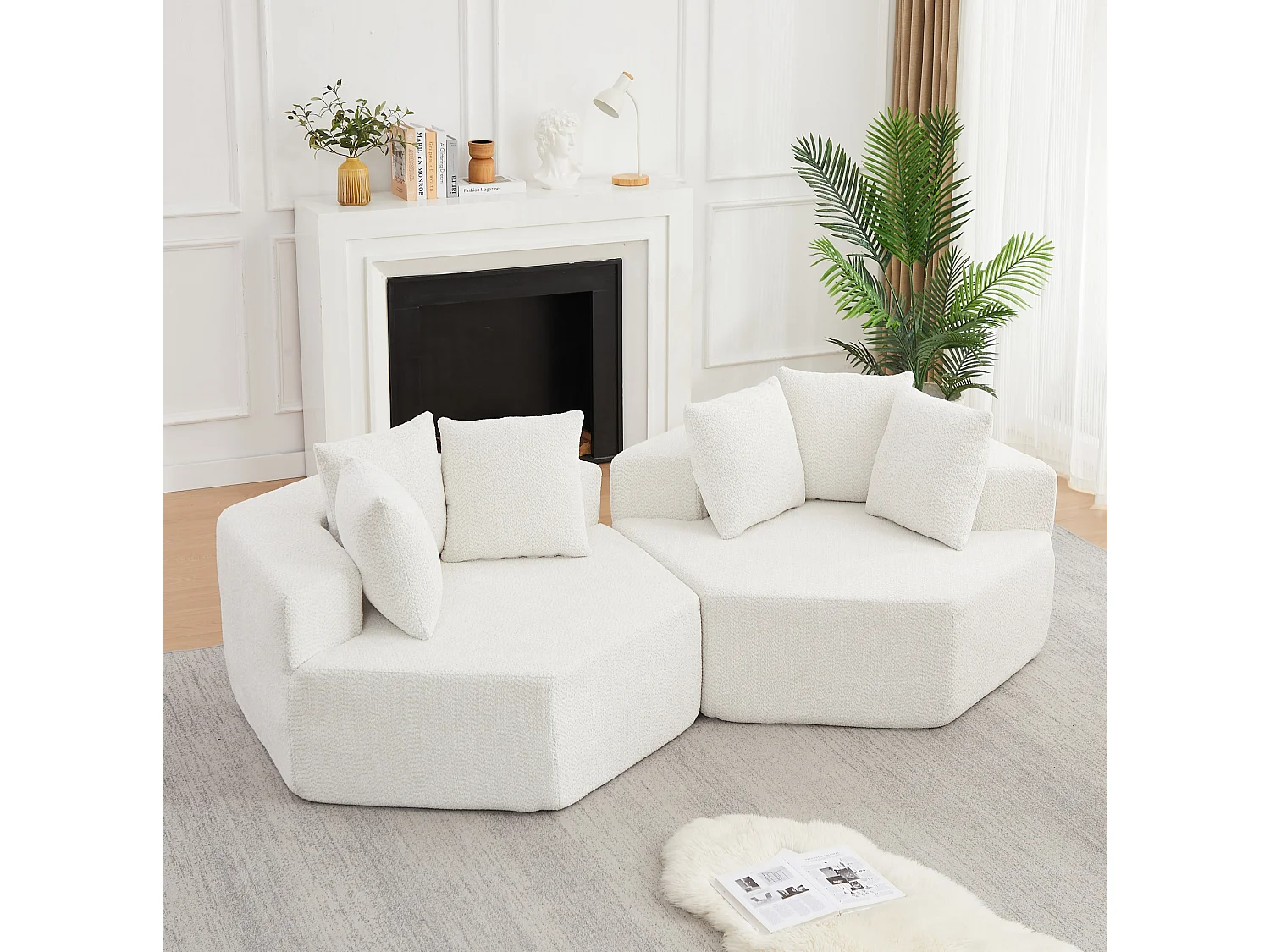 Lot de 2 fauteuils modulables hexagonaux en chenille avec coussins - Beige