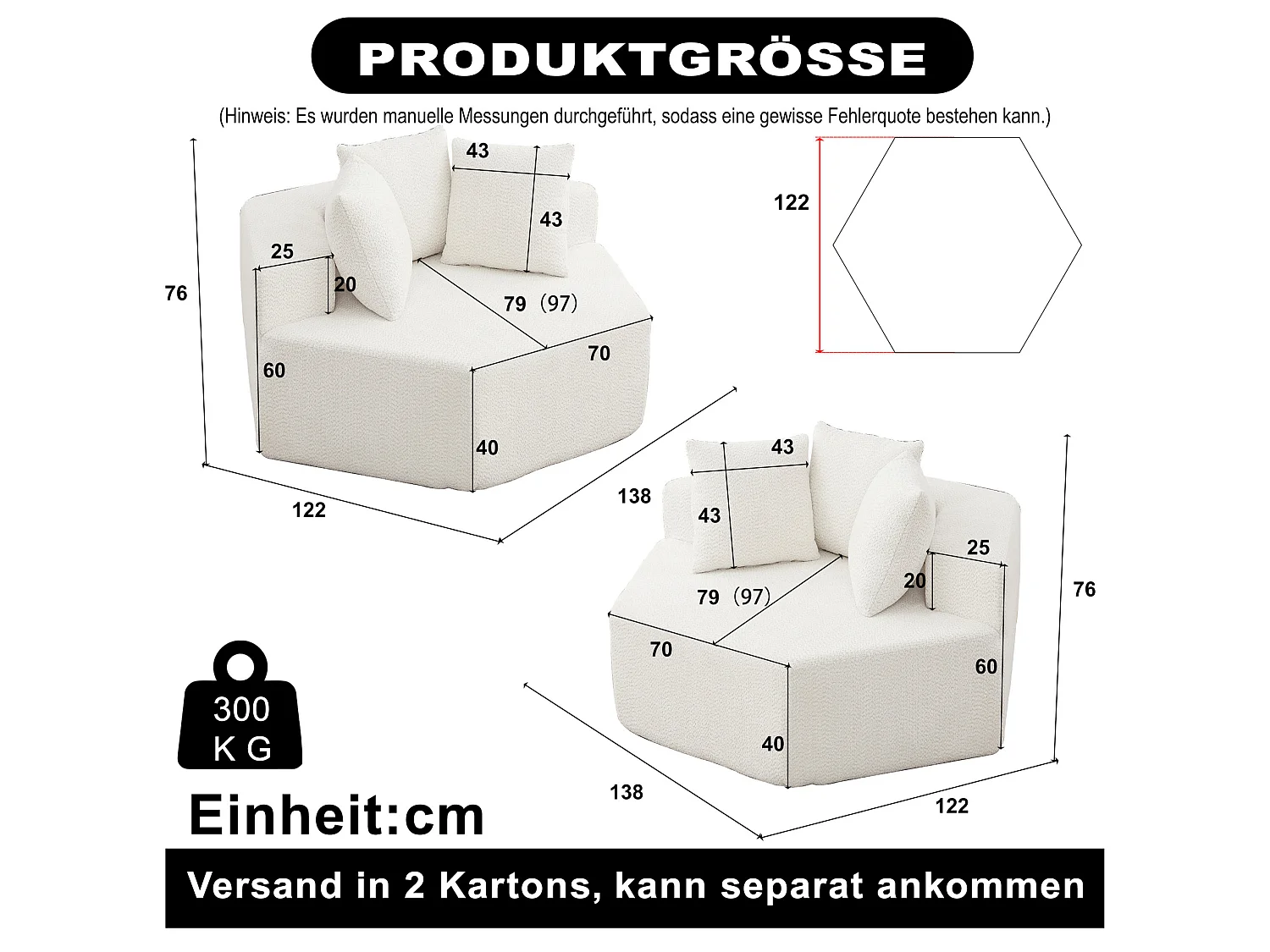Lot de 2 fauteuils modulables hexagonaux en chenille avec coussins - Beige