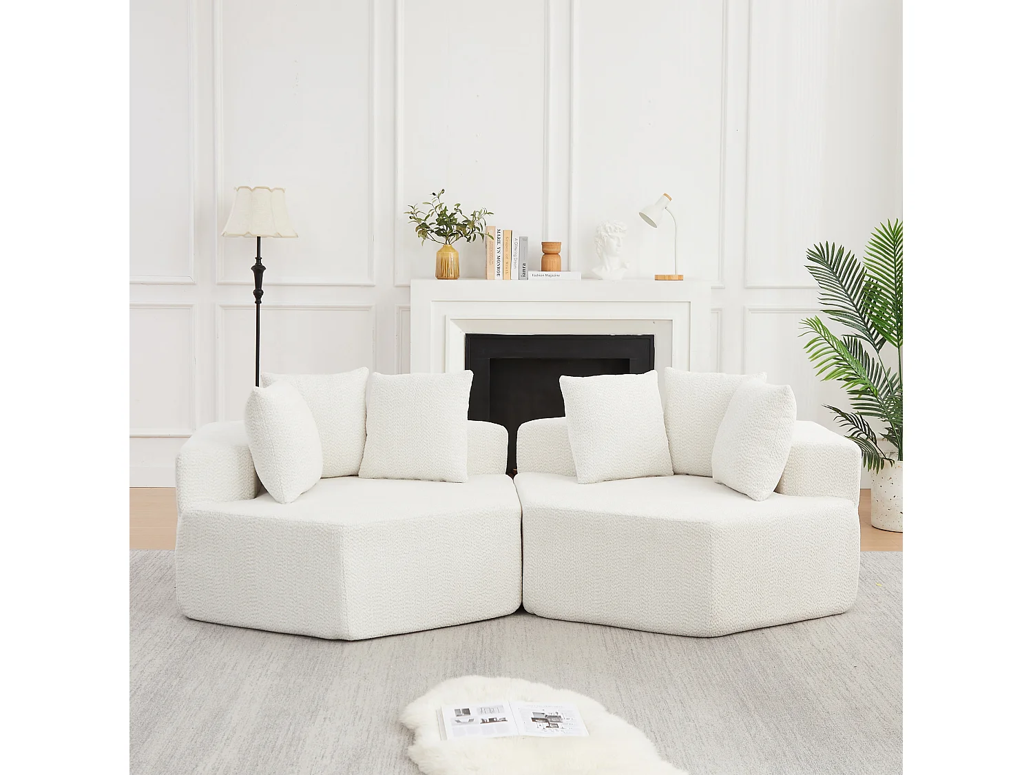 Lot de 2 fauteuils modulables hexagonaux en chenille avec coussins - Beige