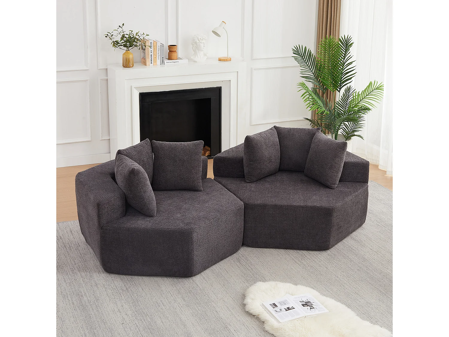 Lot de 2 fauteuils modulables hexagonaux en chenille avec coussins - Gris