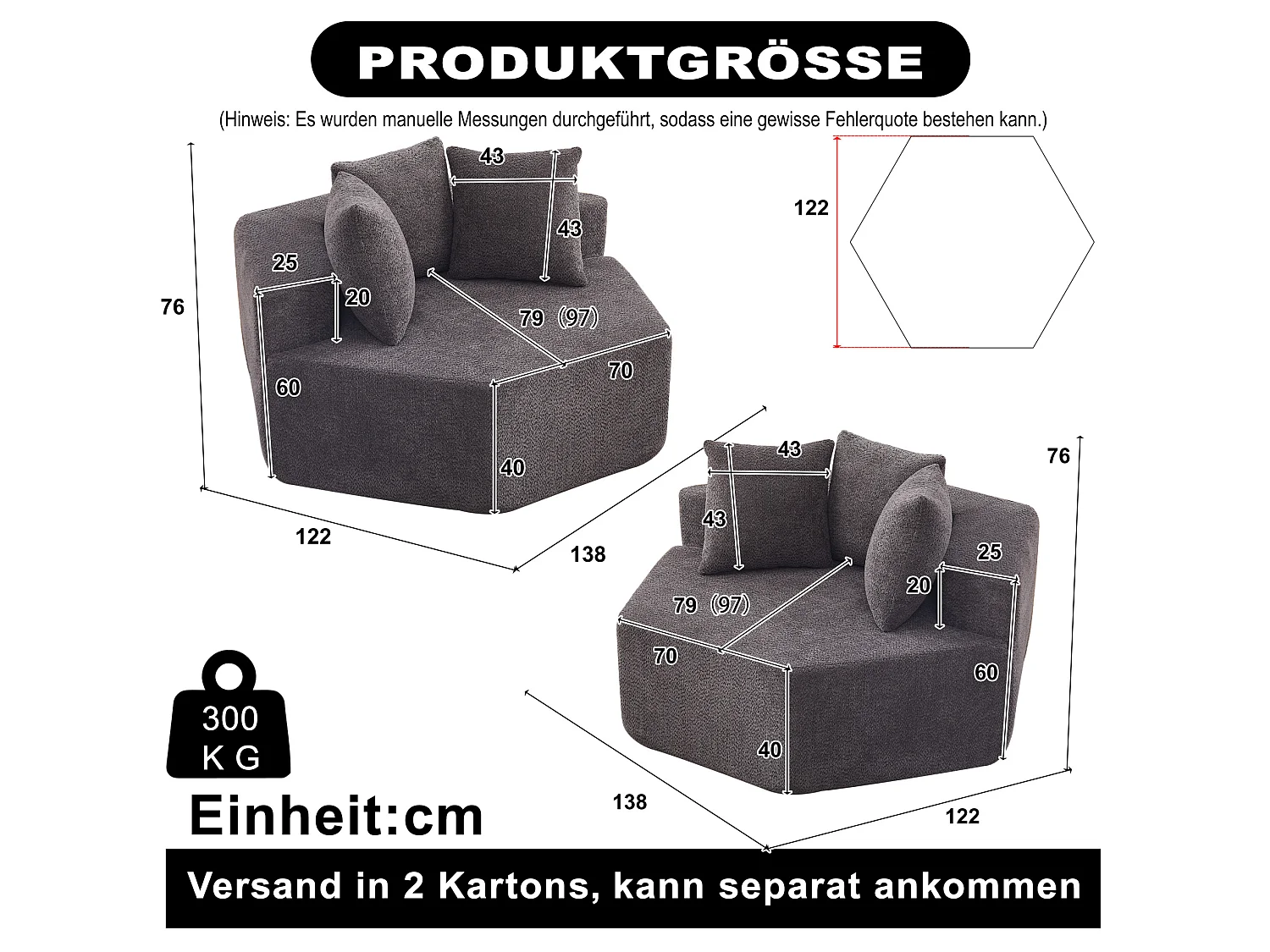 Lot de 2 fauteuils modulables hexagonaux en chenille avec coussins - Gris