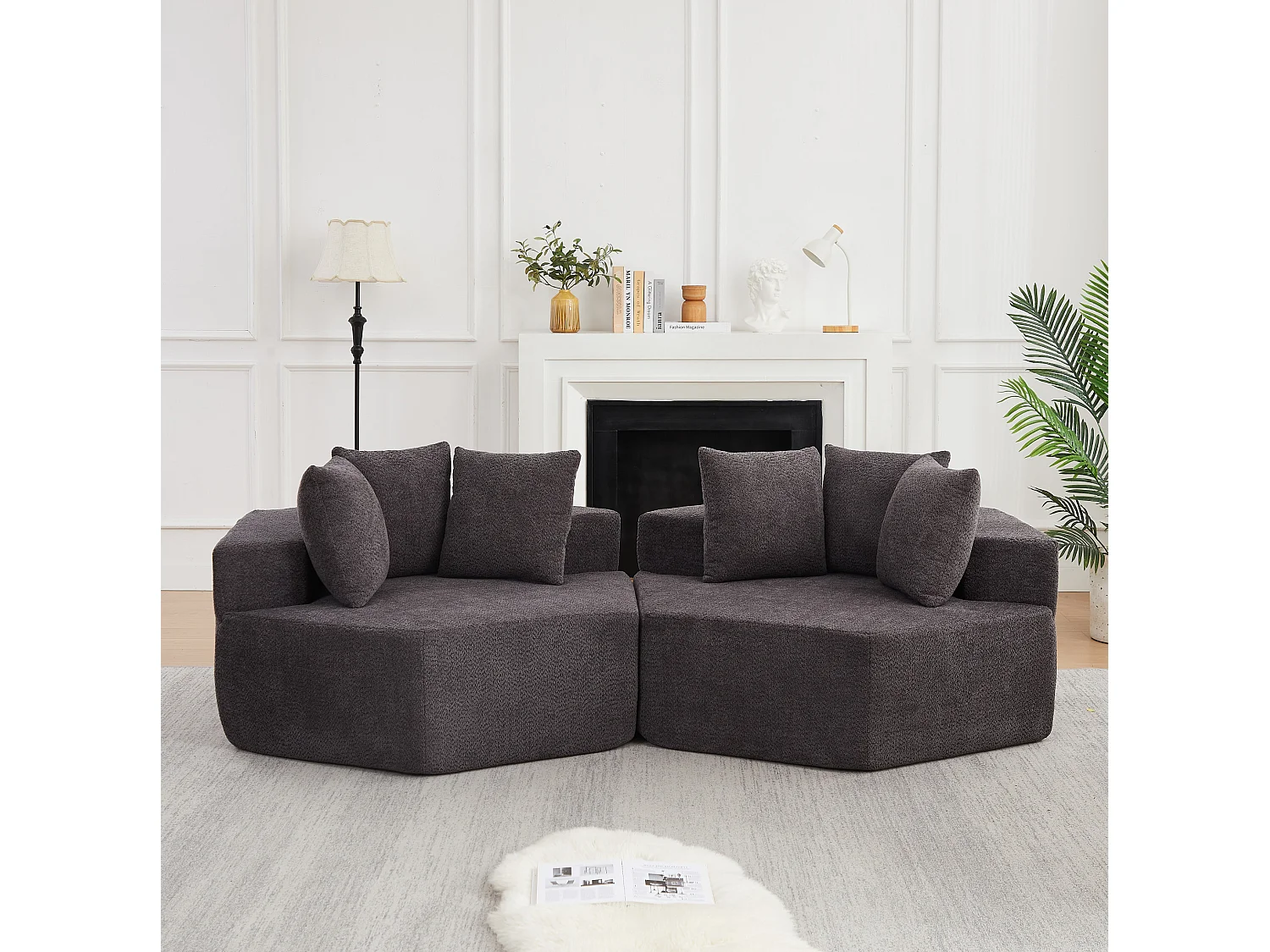 Lot de 2 fauteuils modulables hexagonaux en chenille avec coussins - Gris