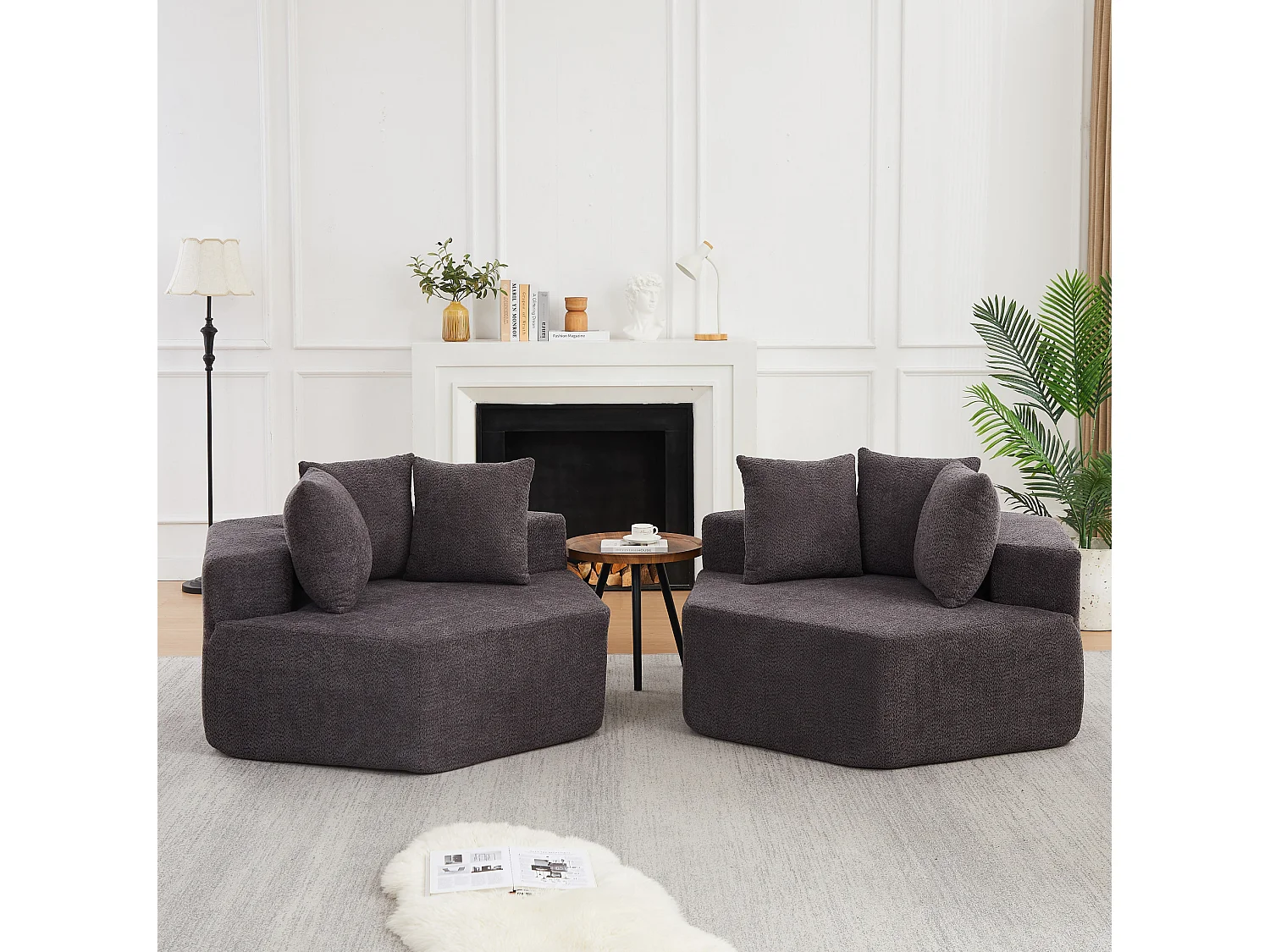 Lot de 2 fauteuils modulables hexagonaux en chenille avec coussins - Gris