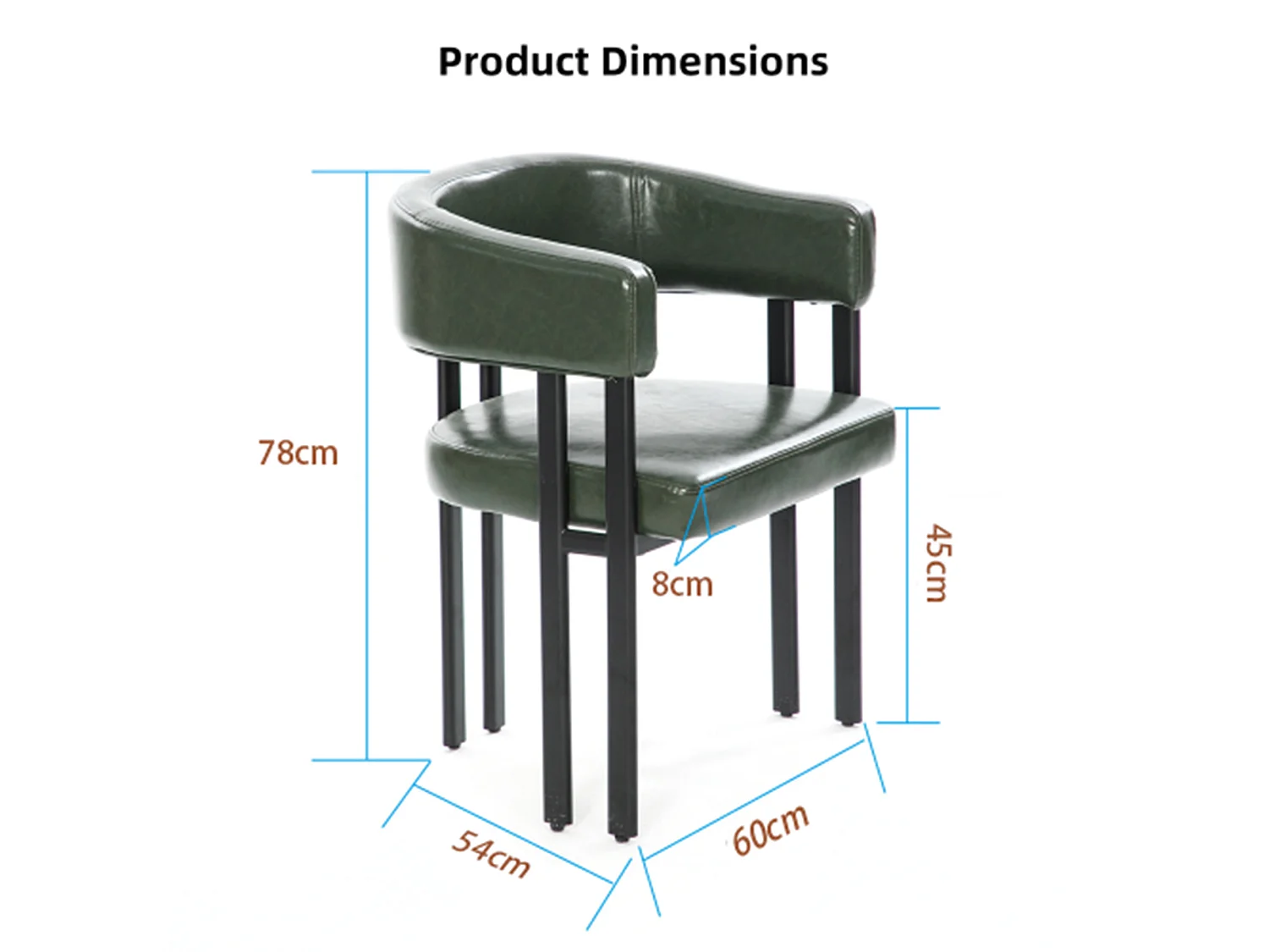 Fauteuil design vert en similicuir, dossier courbé, pieds métal, avec accoudoirs, bureau/salon
