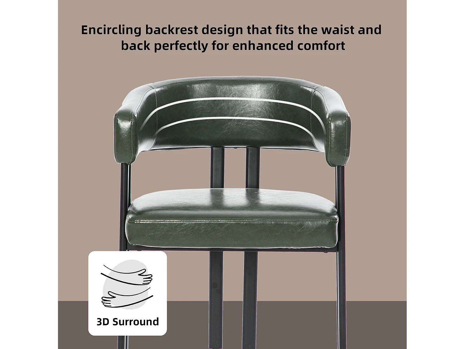 Fauteuil design vert en similicuir, dossier courbé, pieds métal, avec accoudoirs, bureau/salon