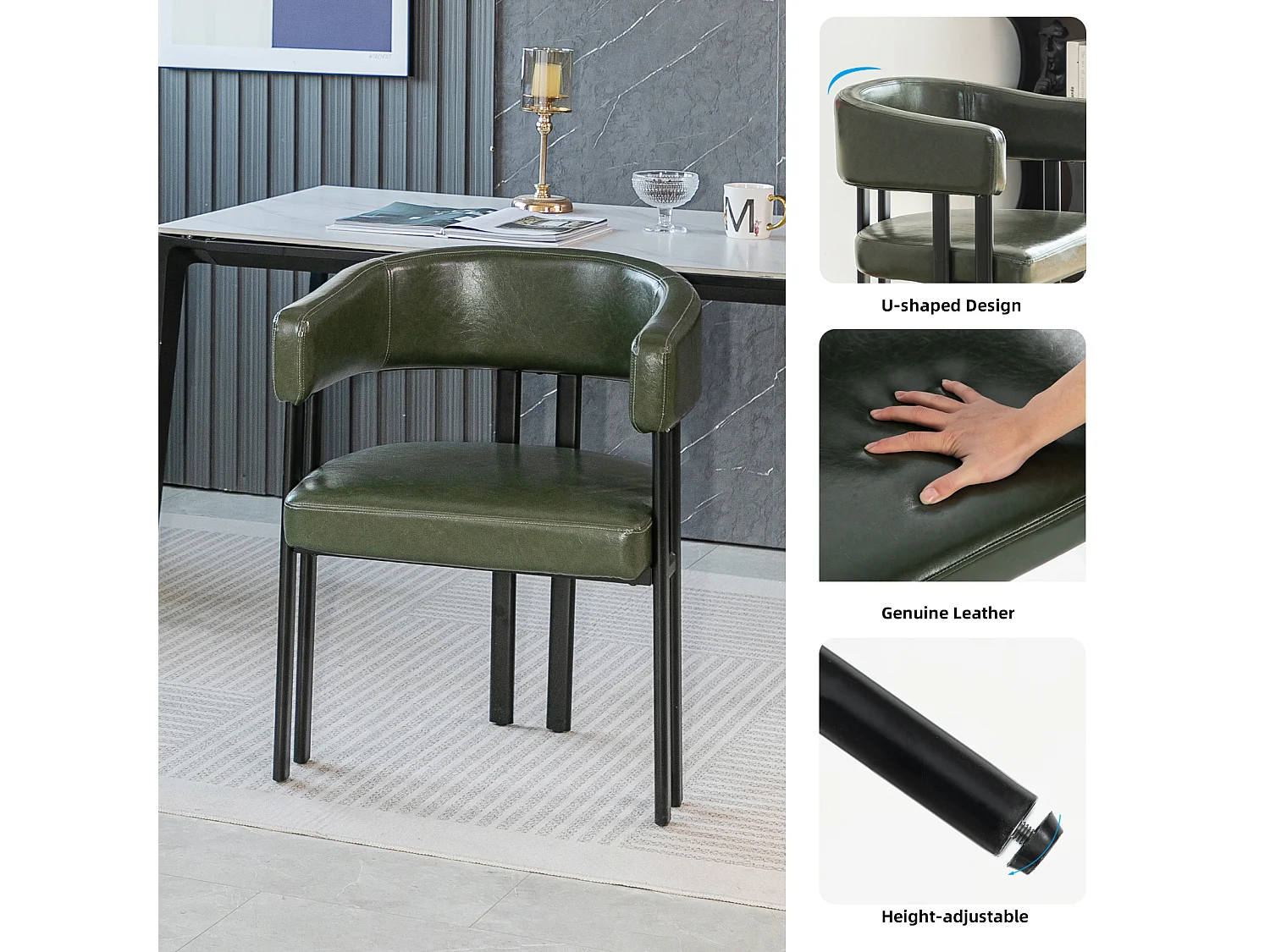 Fauteuil design vert en similicuir, dossier courbé, pieds métal, avec accoudoirs, bureau/salon
