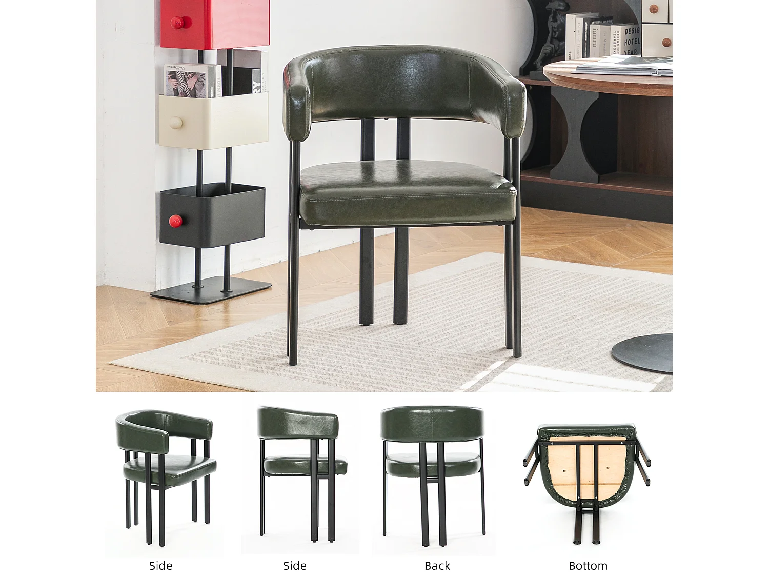 Fauteuil design vert en similicuir, dossier courbé, pieds métal, avec accoudoirs, bureau/salon