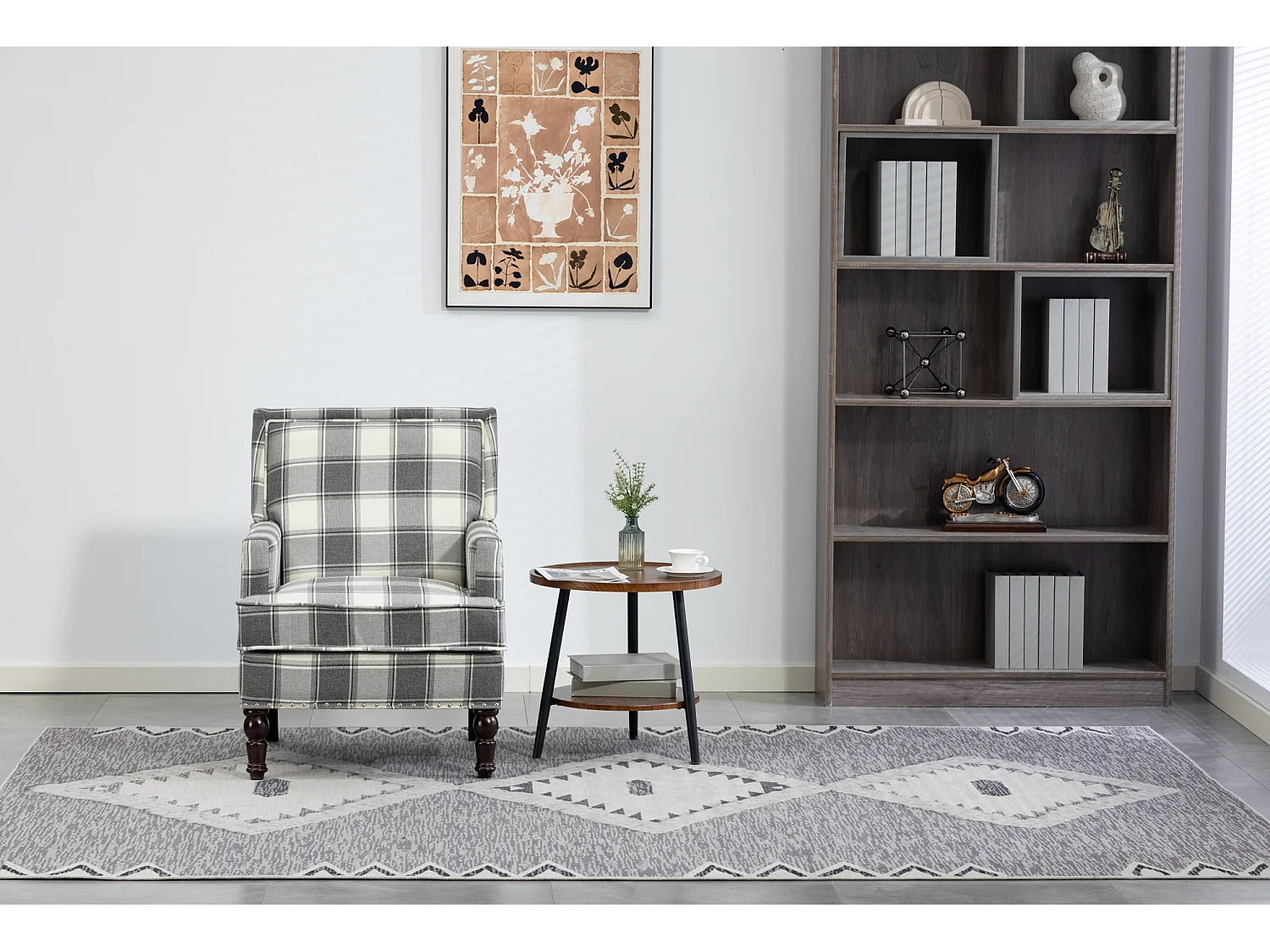 Fauteuil simple en coton et lin à rayures gris et blanc - Pieds en bois