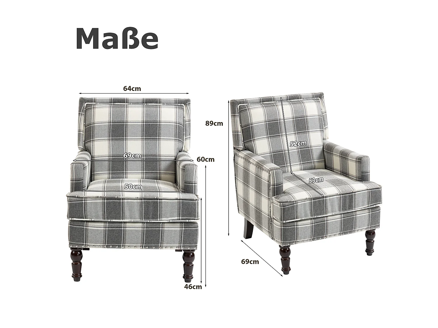 Fauteuil simple en coton et lin à rayures gris et blanc - Pieds en bois