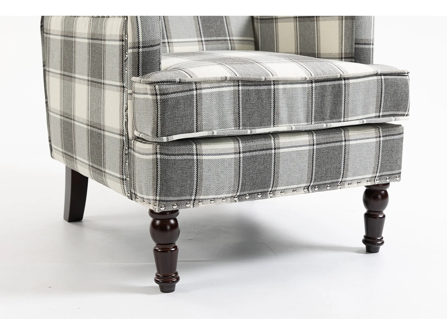 Fauteuil simple en coton et lin à rayures gris et blanc - Pieds en bois