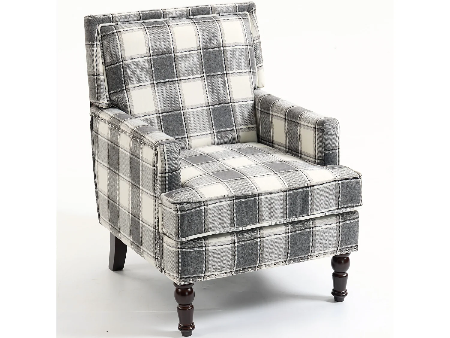 Fauteuil simple en coton et lin à rayures gris et blanc - Pieds en bois