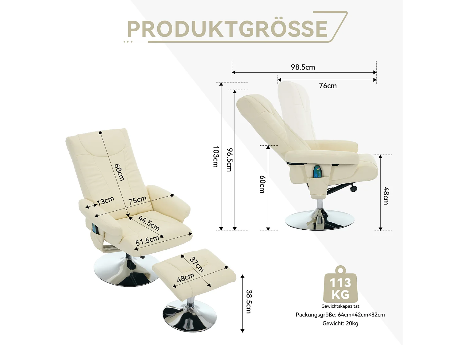 360° draaibare relaxfauteuil van PU-leer met massage- en verwarmingsfunctie - Beige
