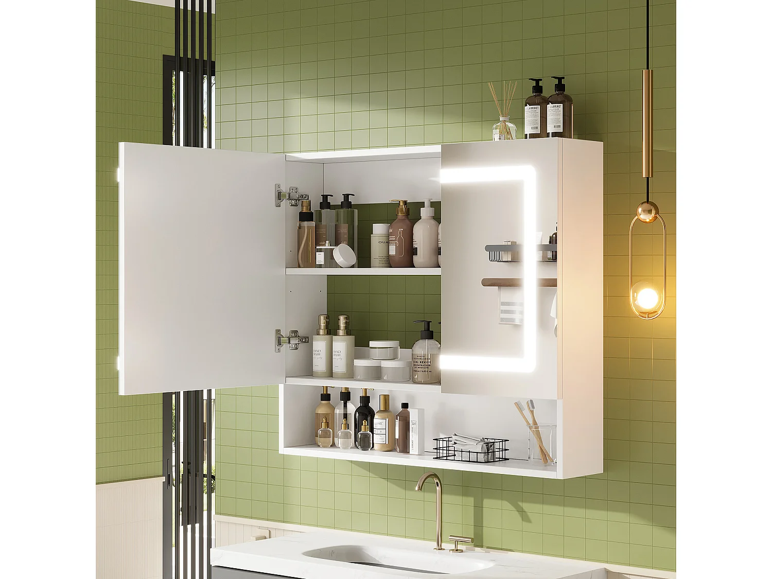 Armoire murale de salle de bain 80 cm blanc - Avec LED, miroir et 2 portes