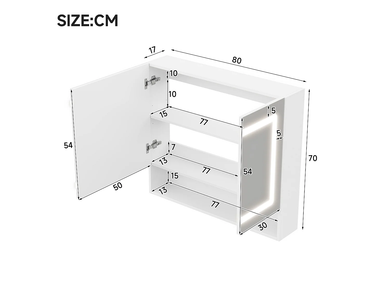 Armoire murale de salle de bain 80 cm blanc - Avec LED, miroir et 2 portes
