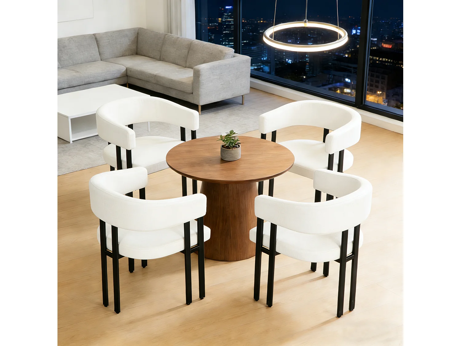 Fauteuil design blanc en similicuir, dossier courbé, pieds métal, avec accoudoirs, bureau/salon