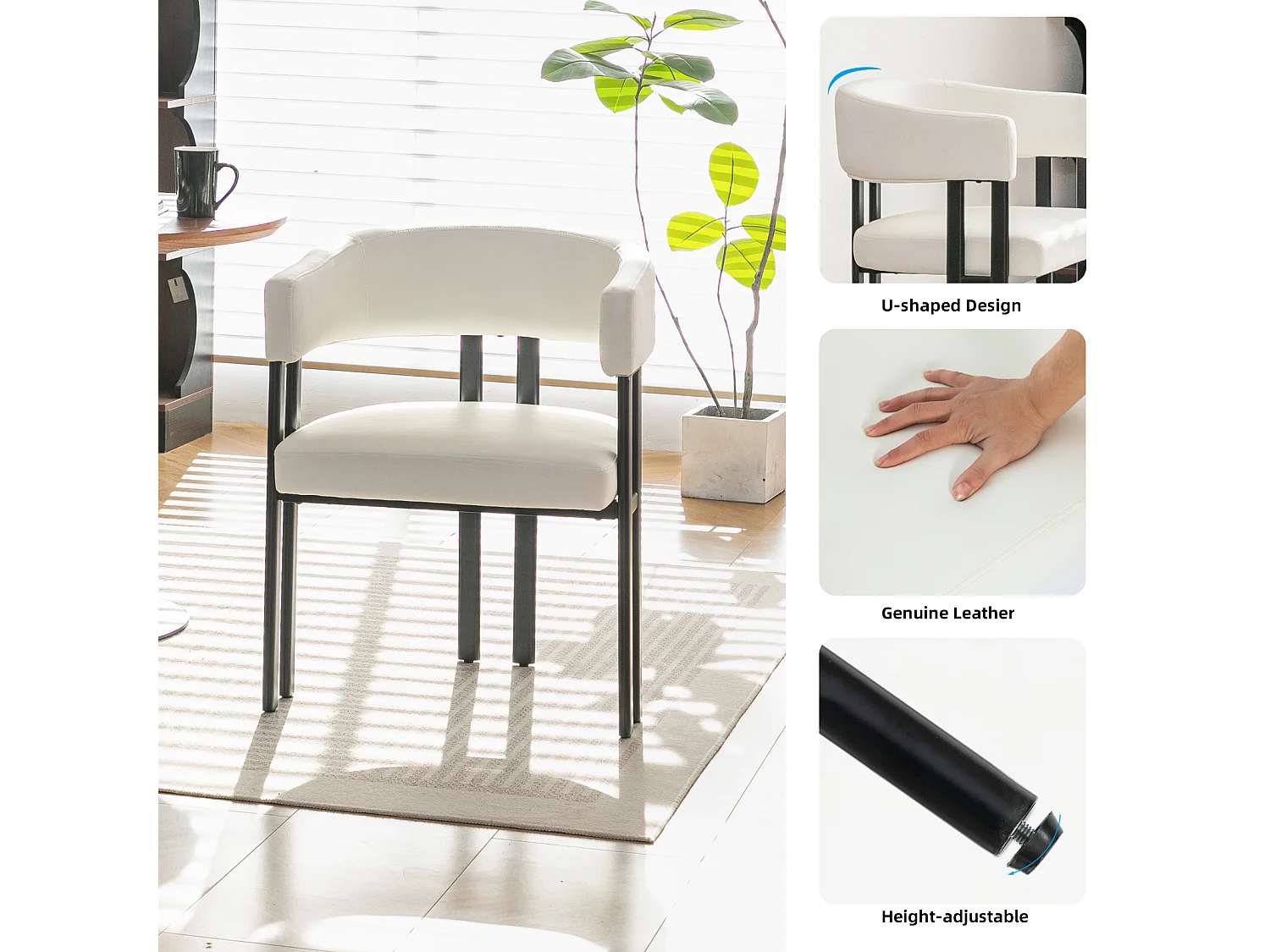 Fauteuil design blanc en similicuir, dossier courbé, pieds métal, avec accoudoirs, bureau/salon