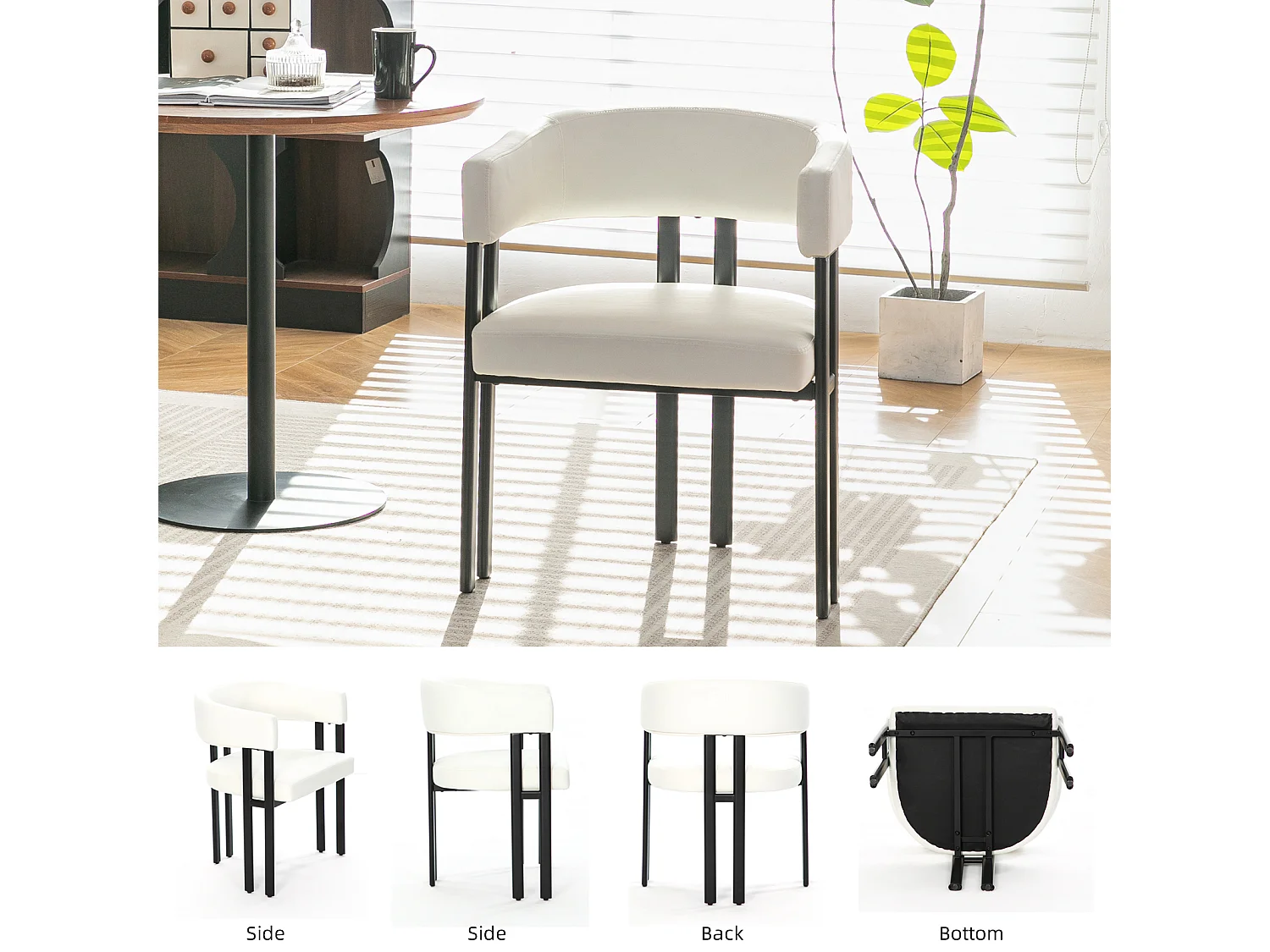 Fauteuil design blanc en similicuir, dossier courbé, pieds métal, avec accoudoirs, bureau/salon