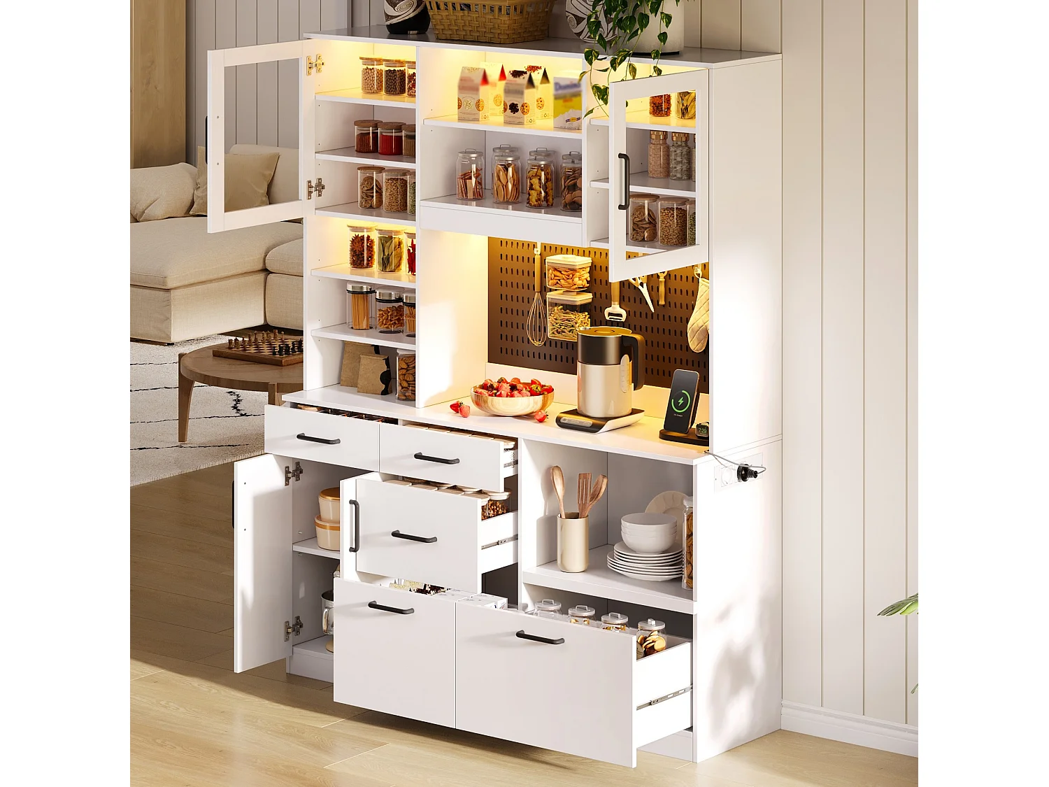 Aparador de cocina con estantes ajustables, 5 cajones y puertas de cristal - Blanco