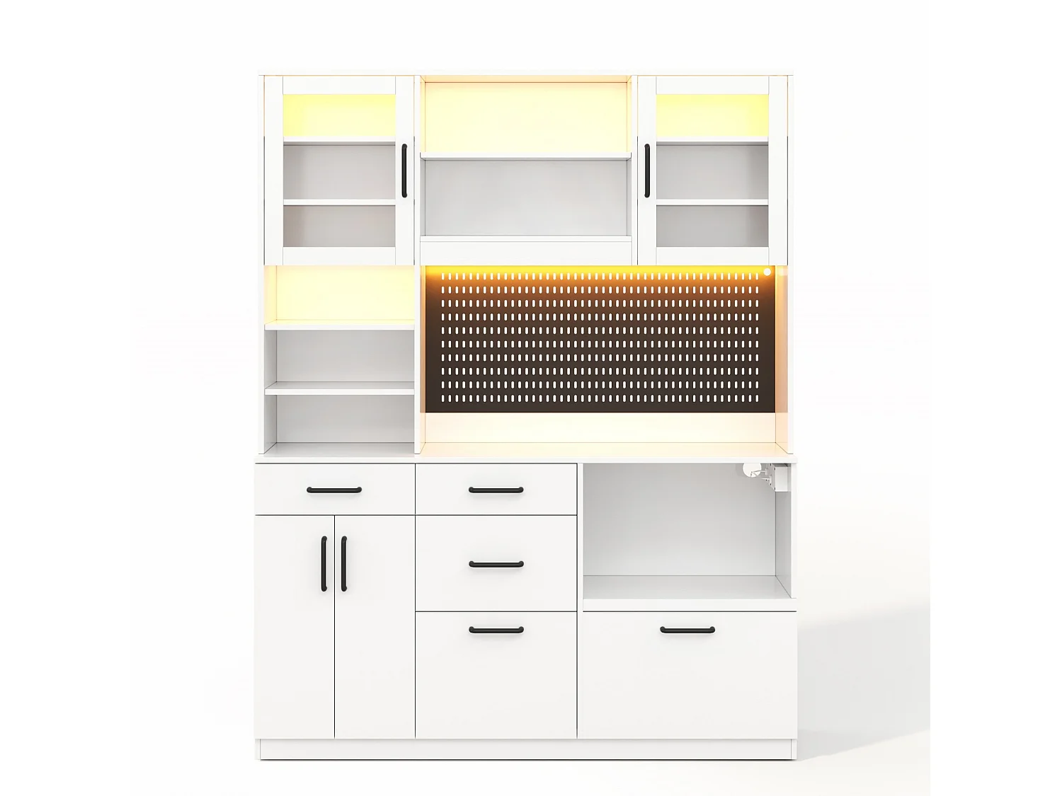 Aparador de cocina con estantes ajustables, 5 cajones y puertas de cristal - Blanco