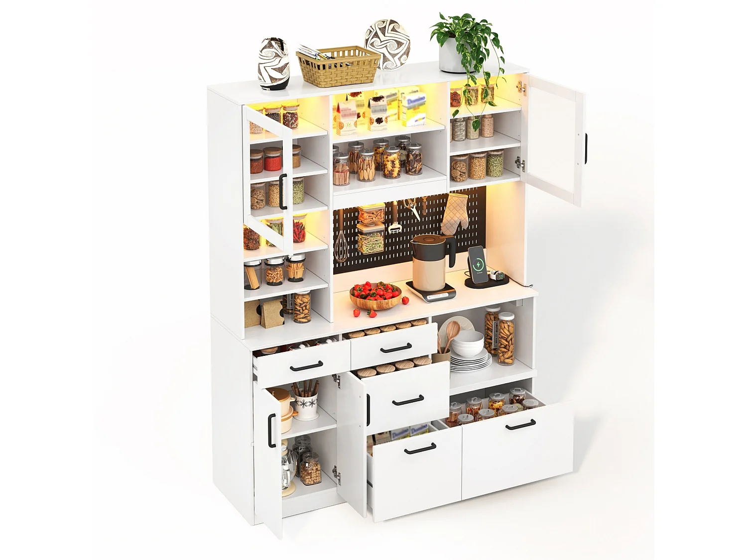 Aparador de cocina con estantes ajustables, 5 cajones y puertas de cristal - Blanco