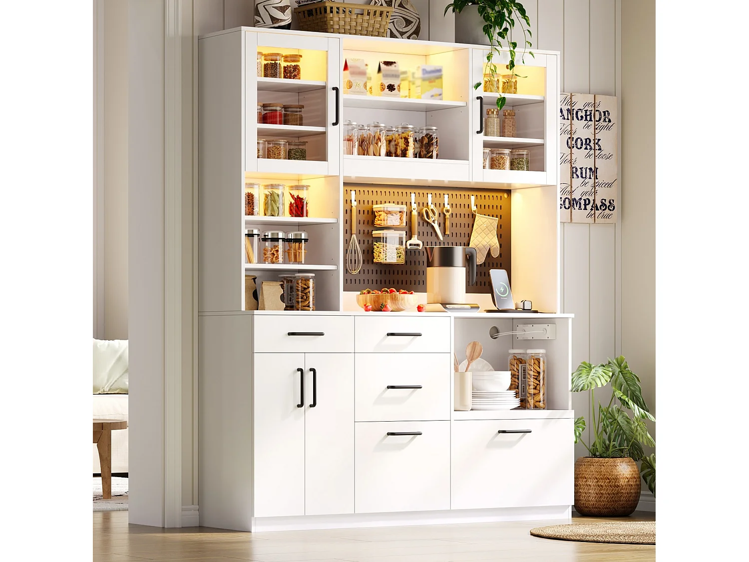Aparador de cocina con estantes ajustables, 5 cajones y puertas de cristal - Blanco