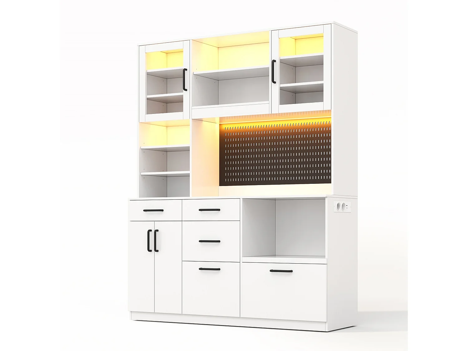 Aparador de cocina con estantes ajustables, 5 cajones y puertas de cristal - Blanco