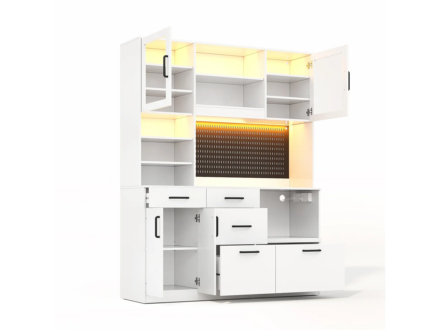 Aparador de cocina con estantes ajustables, 5 cajones y puertas de cristal - Blanco