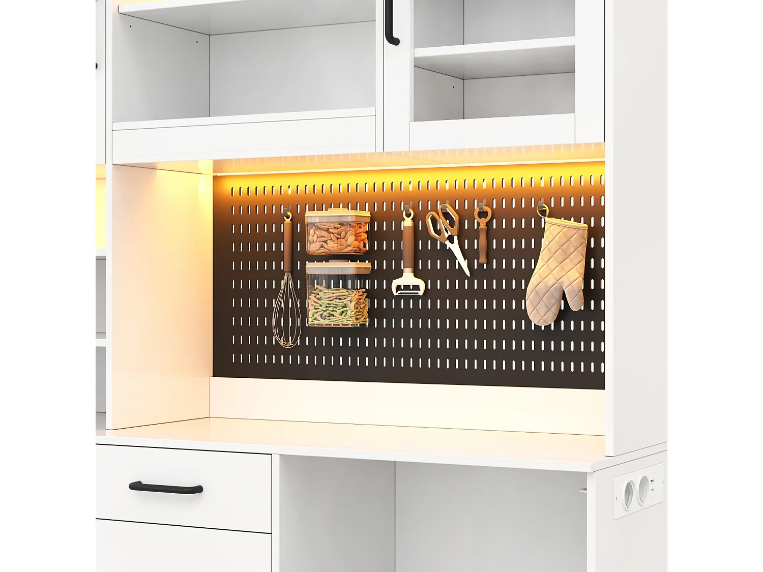 Aparador de cocina con estantes ajustables, 5 cajones y puertas de cristal - Blanco
