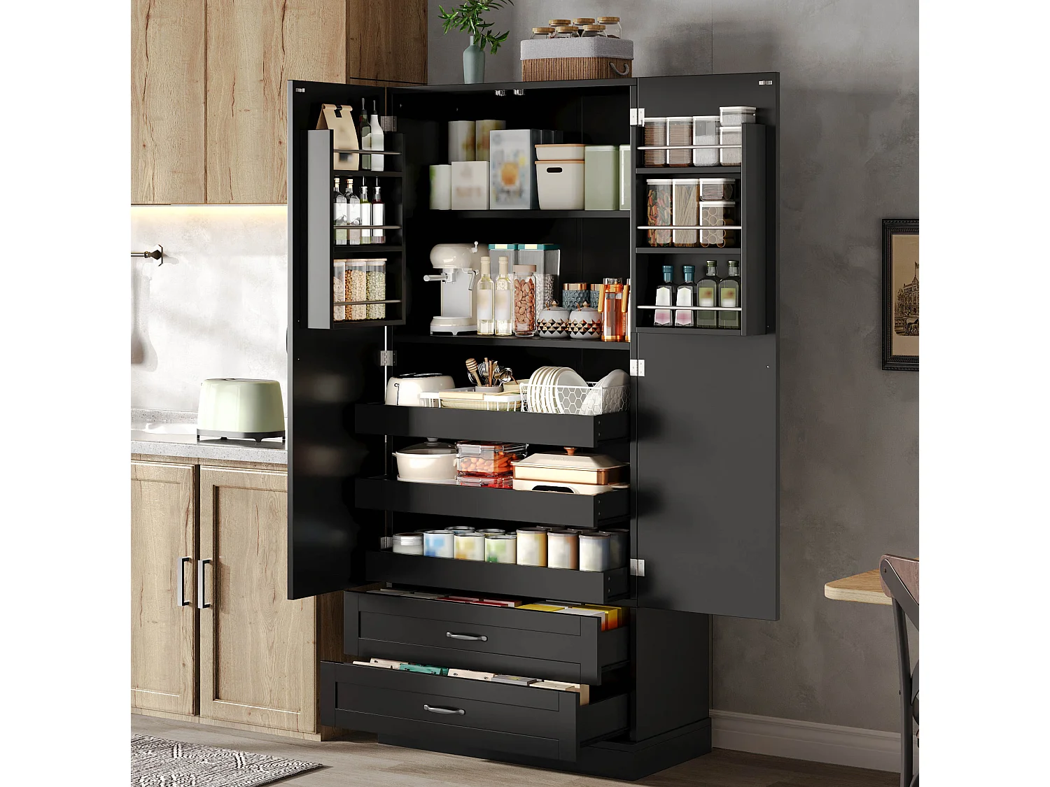 Mobile da cucina con 3 ripiani scorrevoli e 2 cassetti - Nero