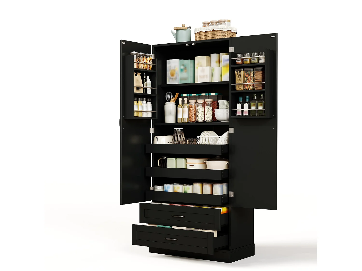 Mobile da cucina con 3 ripiani scorrevoli e 2 cassetti - Nero