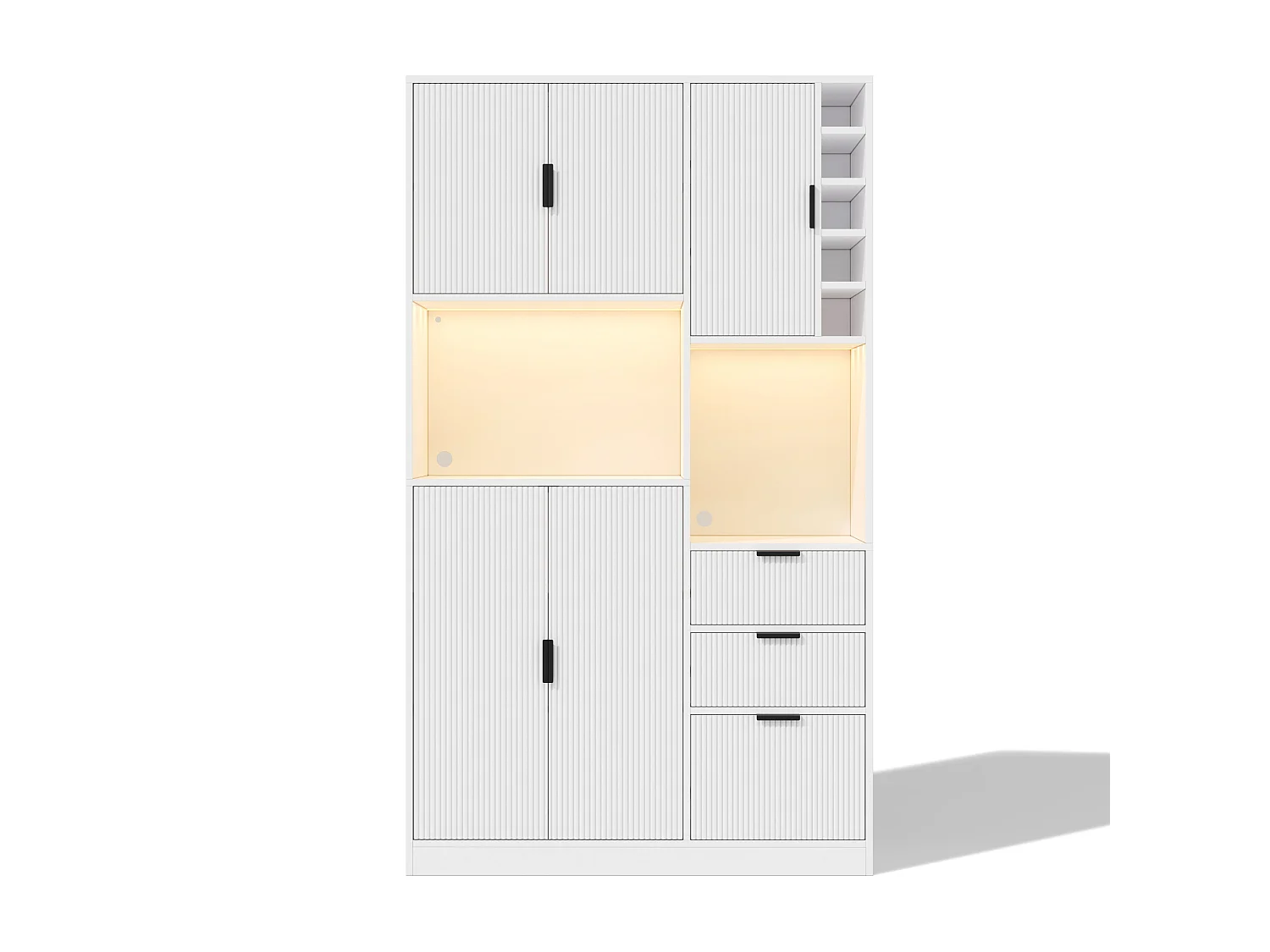 Vit köksskänk med LED-belysning, eluttag, vinställ, 3 lådor och 5 dörrar