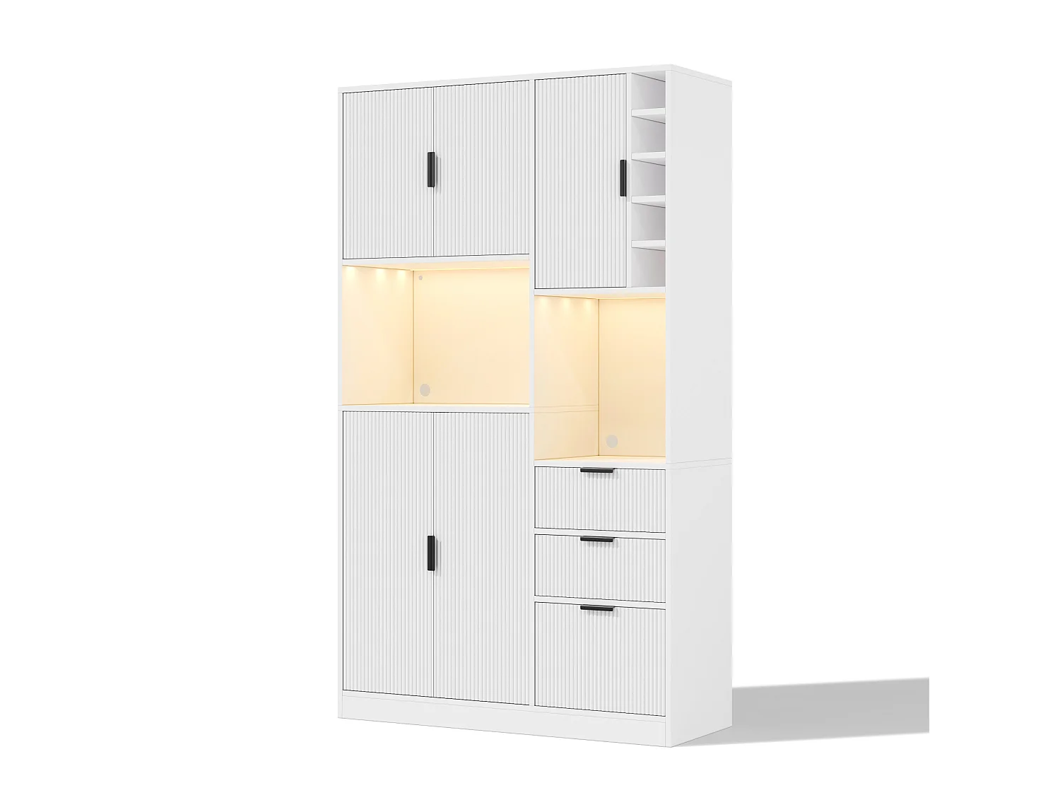 Vit köksskänk med LED-belysning, eluttag, vinställ, 3 lådor och 5 dörrar