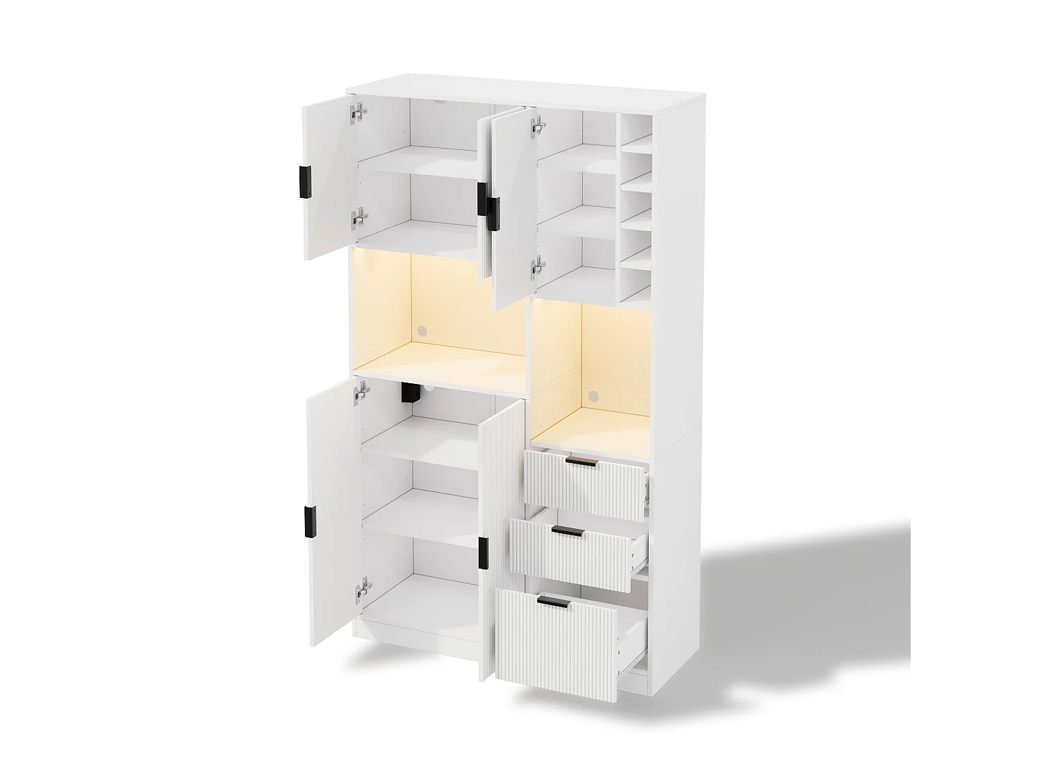Vit köksskänk med LED-belysning, eluttag, vinställ, 3 lådor och 5 dörrar