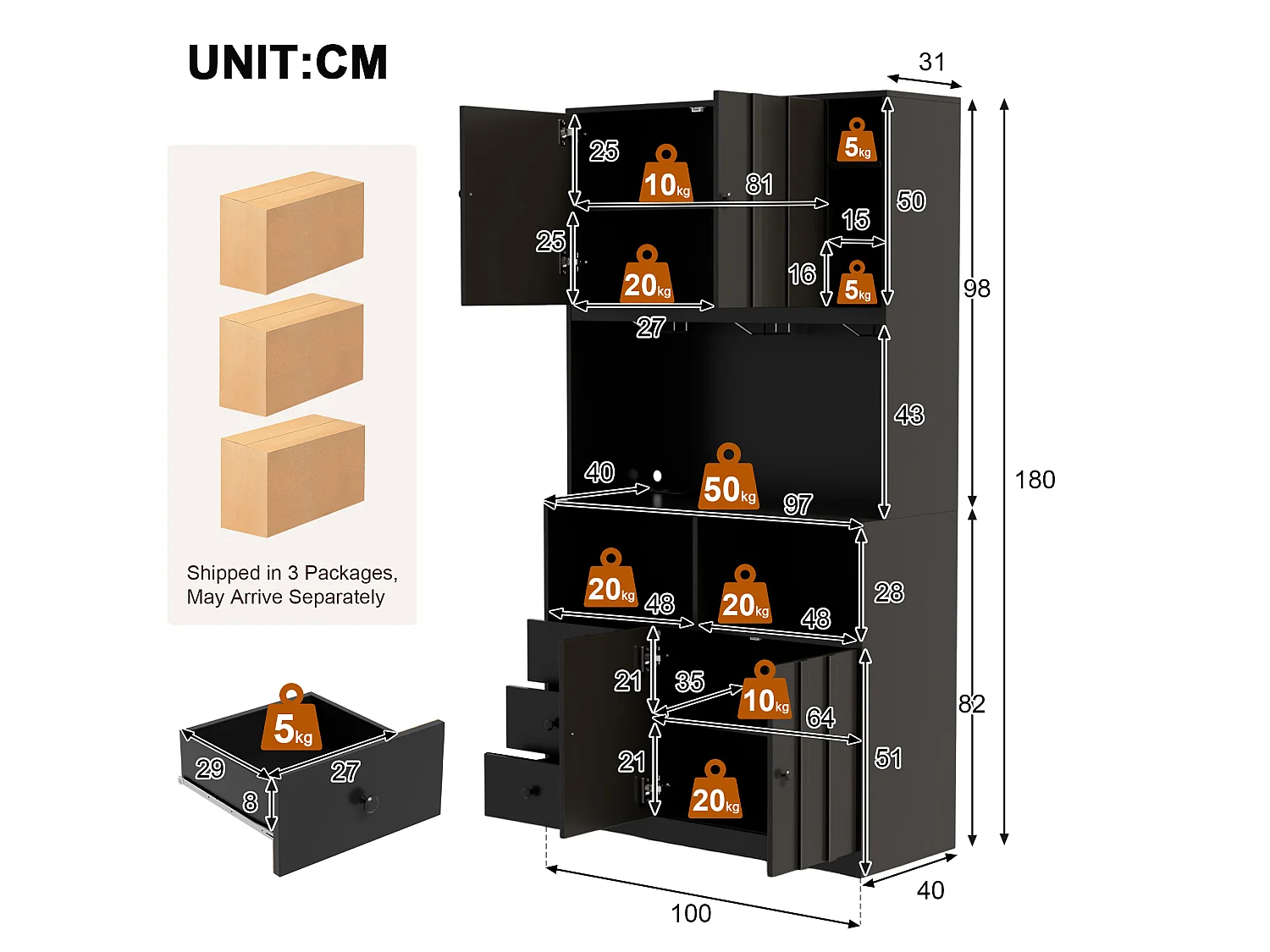 Buffet de cuisine 100x40x180 cm avec LED, prises USB, 3 tiroirs et 4 portes - Noir