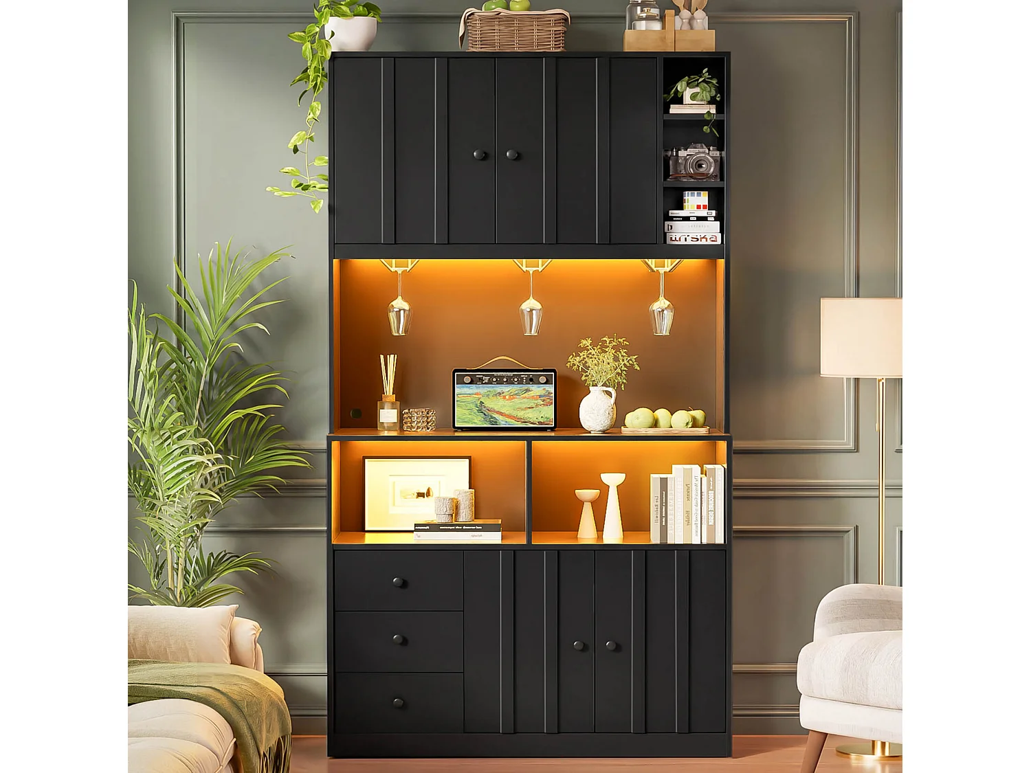 Buffet de cuisine 100x40x180 cm avec LED, prises USB, 3 tiroirs et 4 portes - Noir