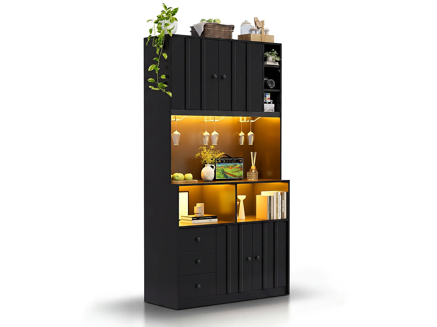 Buffet de cuisine 100x40x180 cm avec LED, prises USB, 3 tiroirs et 4 portes - Noir