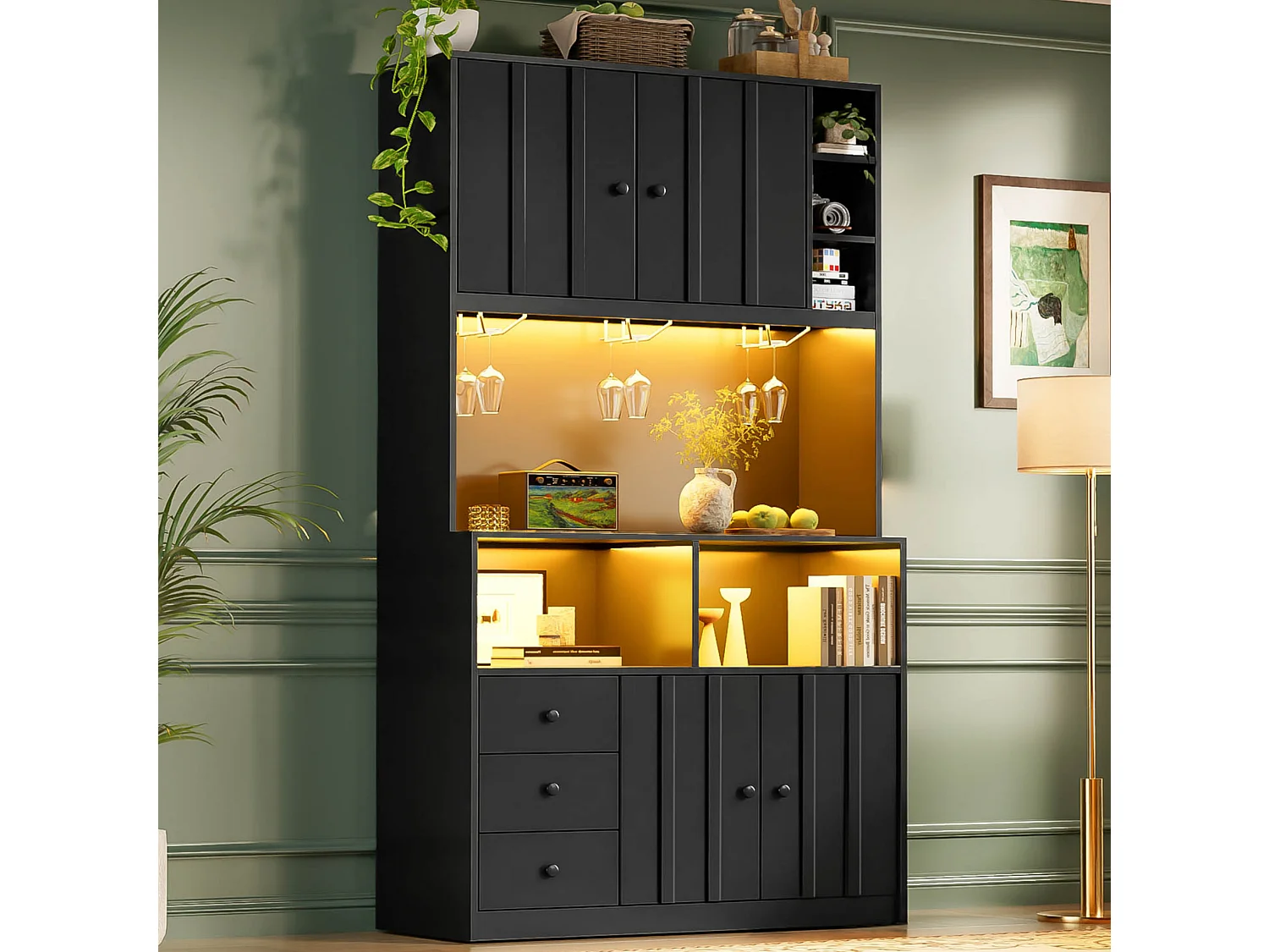 Buffet de cuisine 100x40x180 cm avec LED, prises USB, 3 tiroirs et 4 portes - Noir