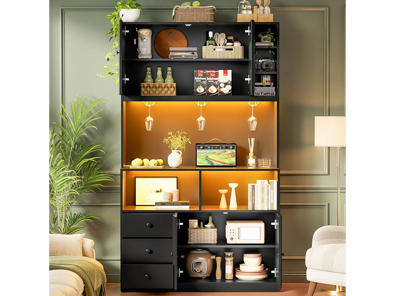 Buffet de cuisine 100x40x180 cm avec LED, prises USB, 3 tiroirs et 4 portes - Noir