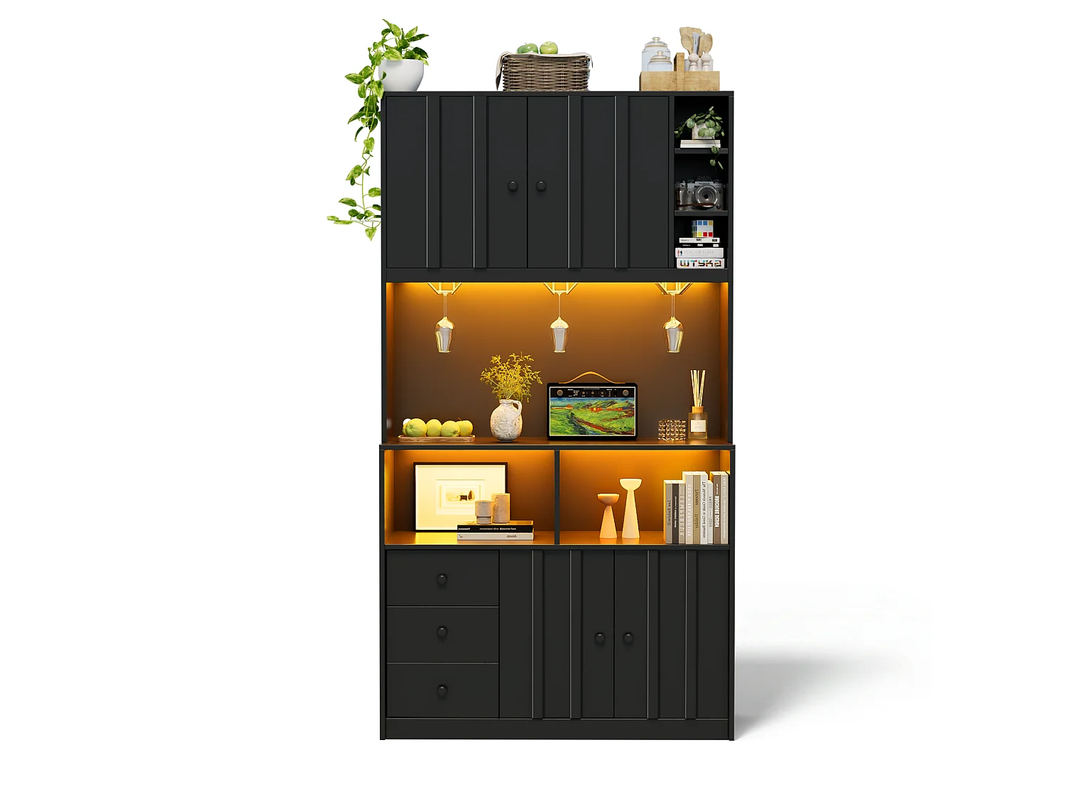 Buffet de cuisine 100x40x180 cm avec LED, prises USB, 3 tiroirs et 4 portes - Noir
