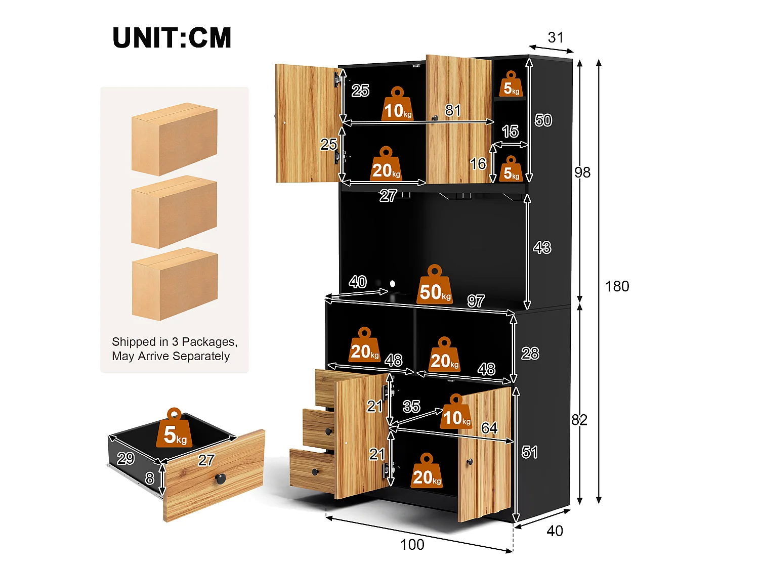 Buffet de cuisine 100x40x180 cm avec LED, prises USB, 3 tiroirs et 4 portes - Bois et Noir
